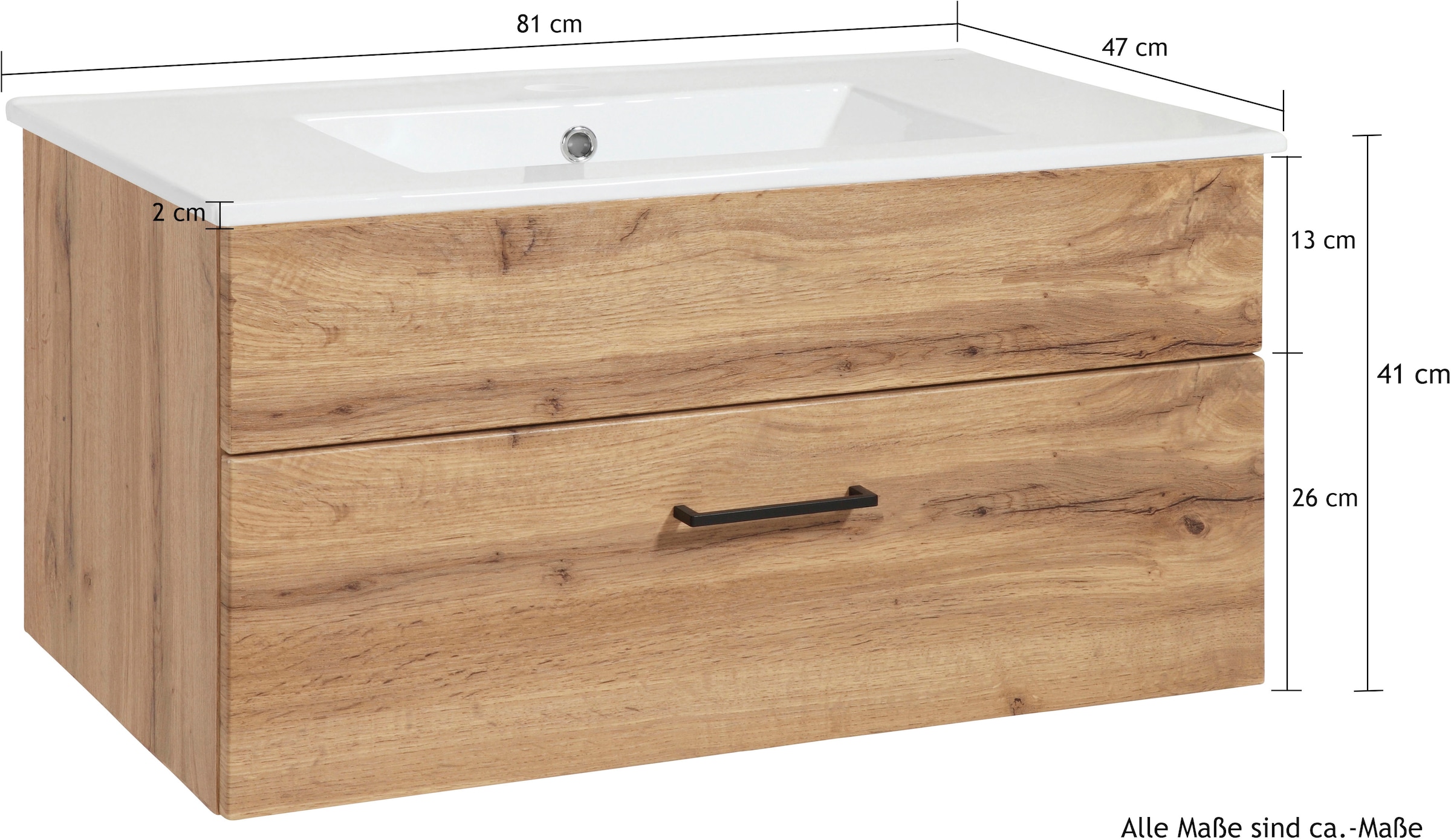 welltime Waschtisch »Trento Light mit Keramik-Auflagebecken«, 1 feste Blende und 1 Auszug, Breite: 81cm, Wotaneiche
