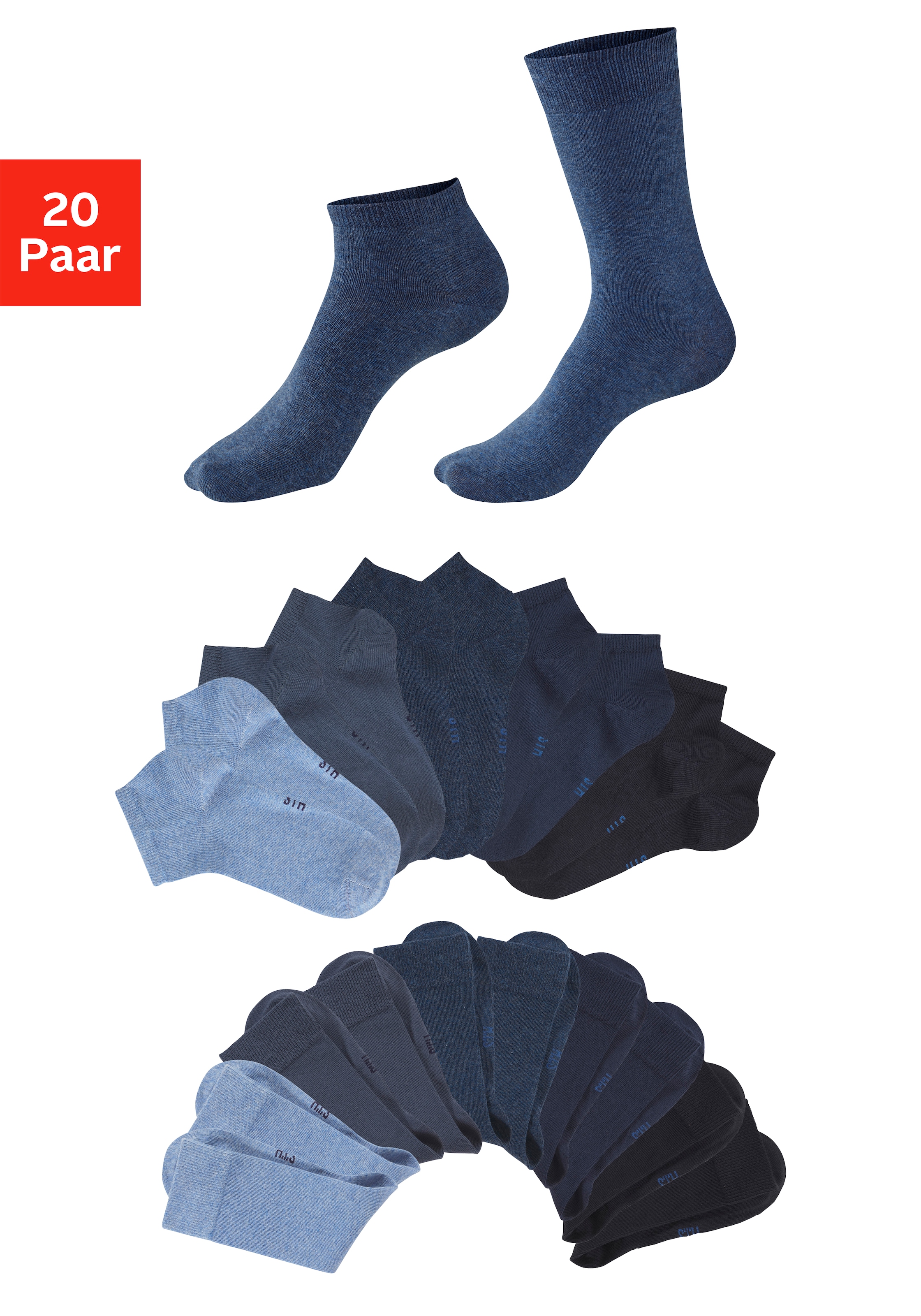 H.I.S Basicsocken "Damen und Herren Atmungsaktiver Baumwollanteil; Business, Basic" Packung, 20 Paar tlg. zwei Längen im Kombi Pack