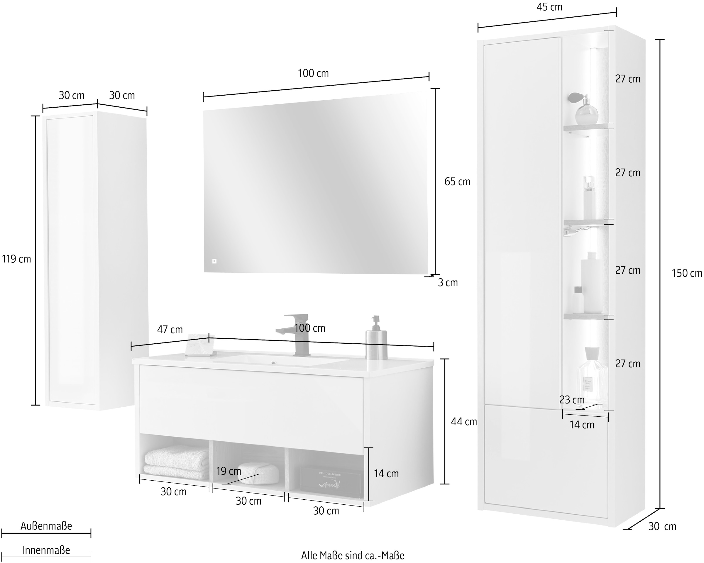 Places of Style Badmöbel-Set »Studio Line, Bad im modernen Design, 4-teiliges Badezimmer«, (4 St.), Schrank, Waschtisch und Spiegel, in zwei Farben verfügbar, Stauraum