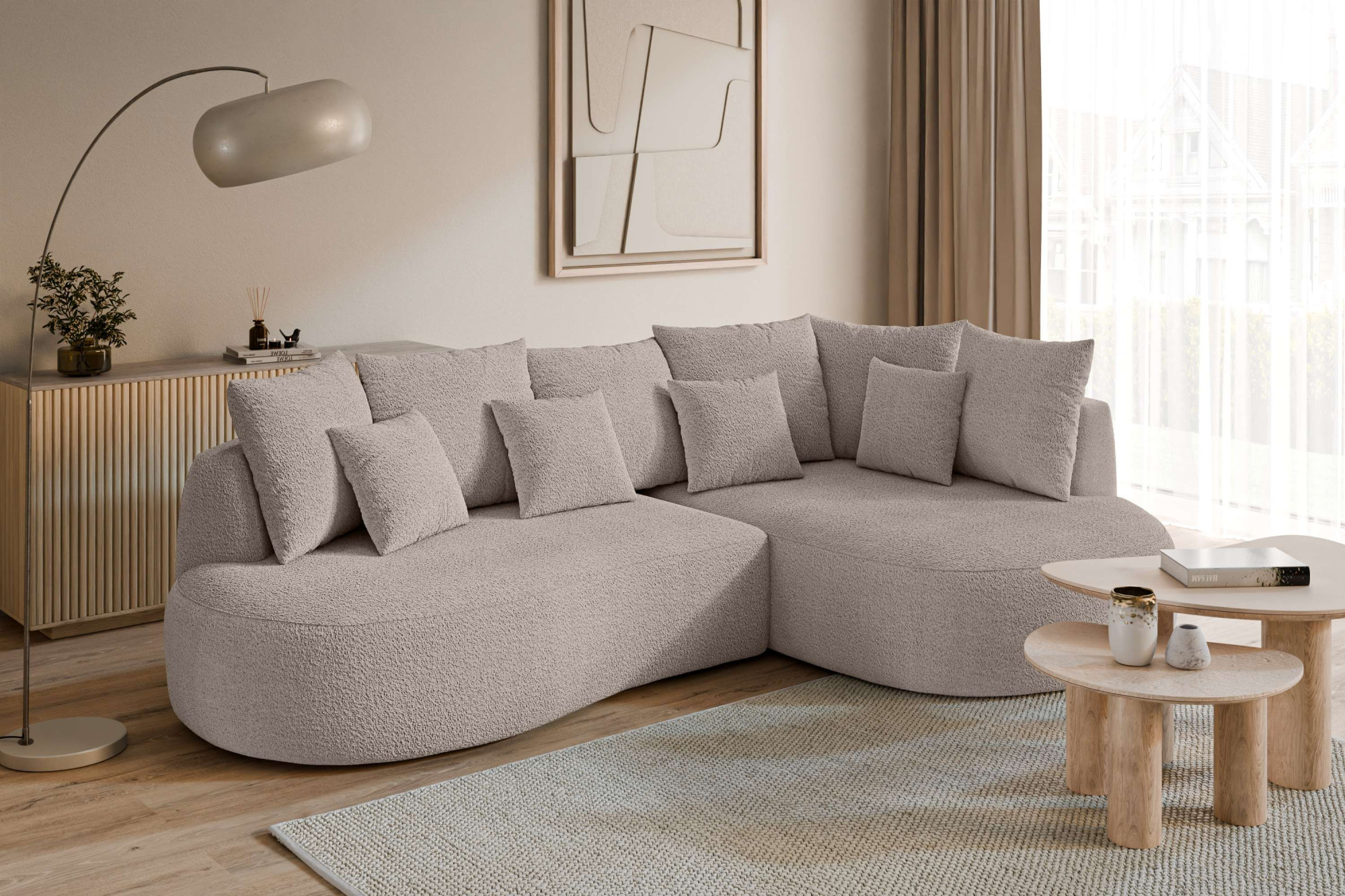 homsy by Ana Johnson Ecksofa "PEBBLA L-Form mit vielen Kissen, modernes Design, Bezug- Boucle" Breite 267 cm, Design-Sofa mit Ottomane recht/links bestellbar