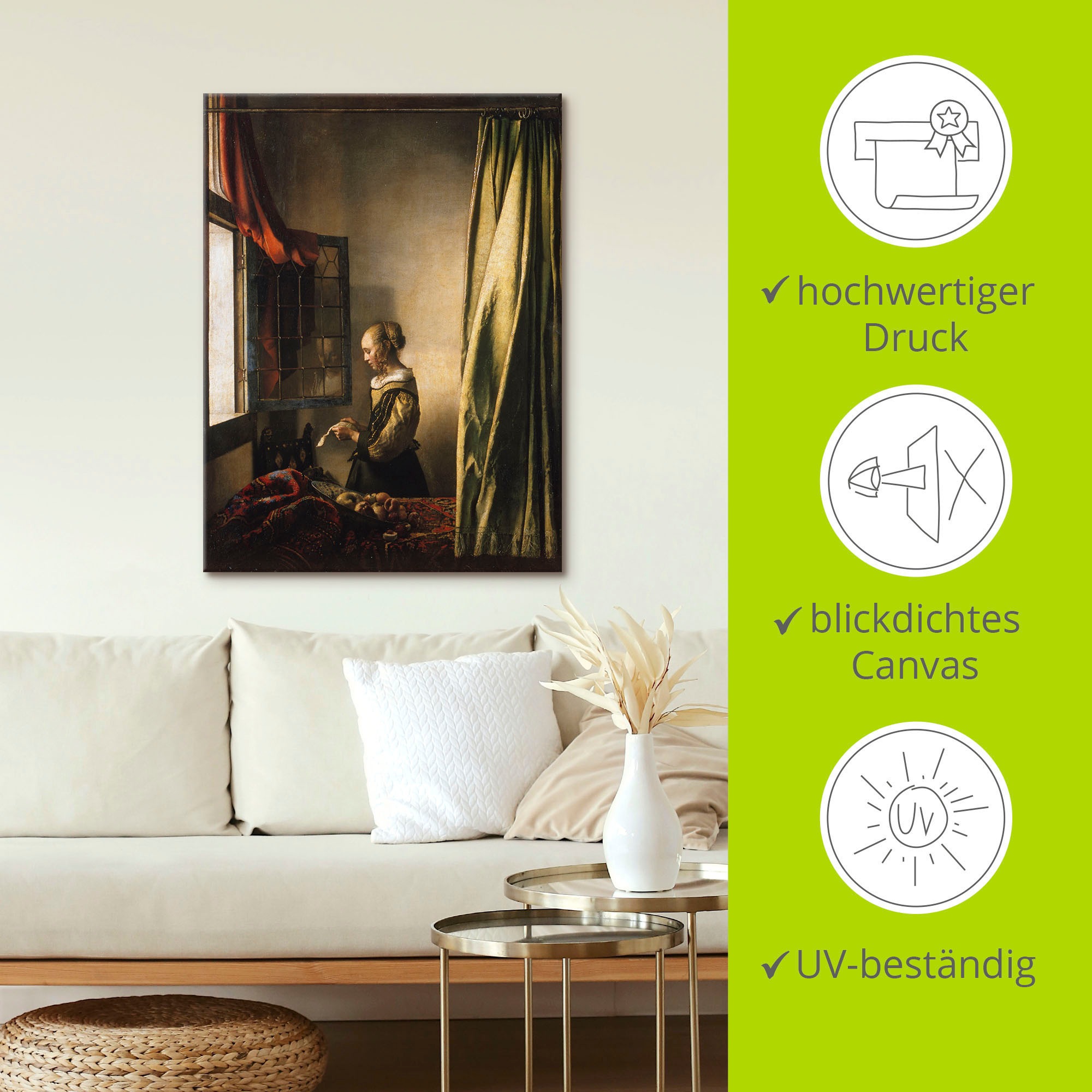 Artland Wandbild »Briefleserin am offenen Fenster. Um 1658«, Frau, (1 St.), als Leinwandbild, Poster, Wandaufkleber in verschied. Größen