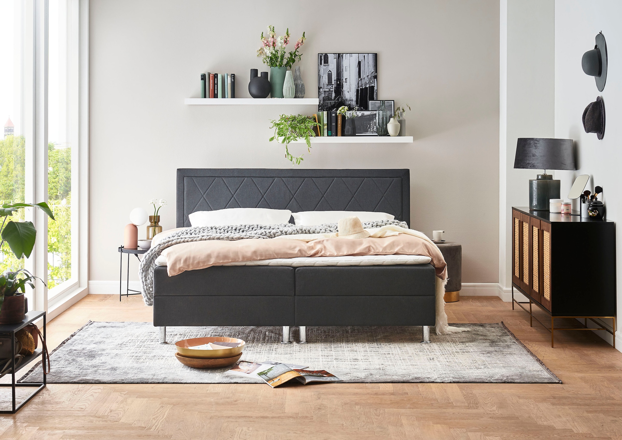 "Boxbett ""Helen"", anthrazit, L:205cm, Bettgestell und seitliche Einfassung der Matratzen: Strukturstoff, 100% Polyester;Spiegelfläche der Matratze: