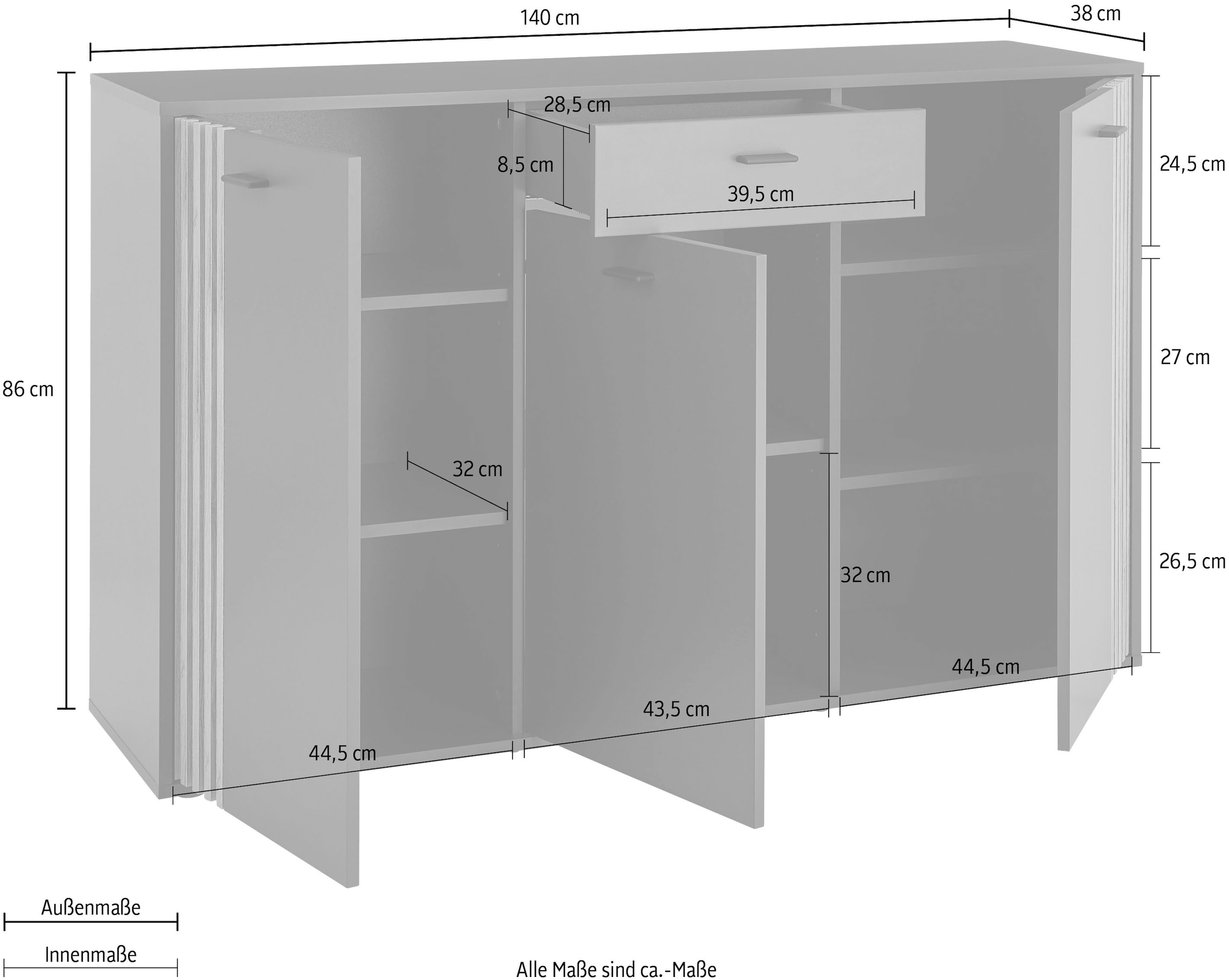 HBZ Sideboard »Dublin Kommode, BxHxT 140x86x38cm«, (1 St.), Breite 140cm, Softclose, Metallgriffe