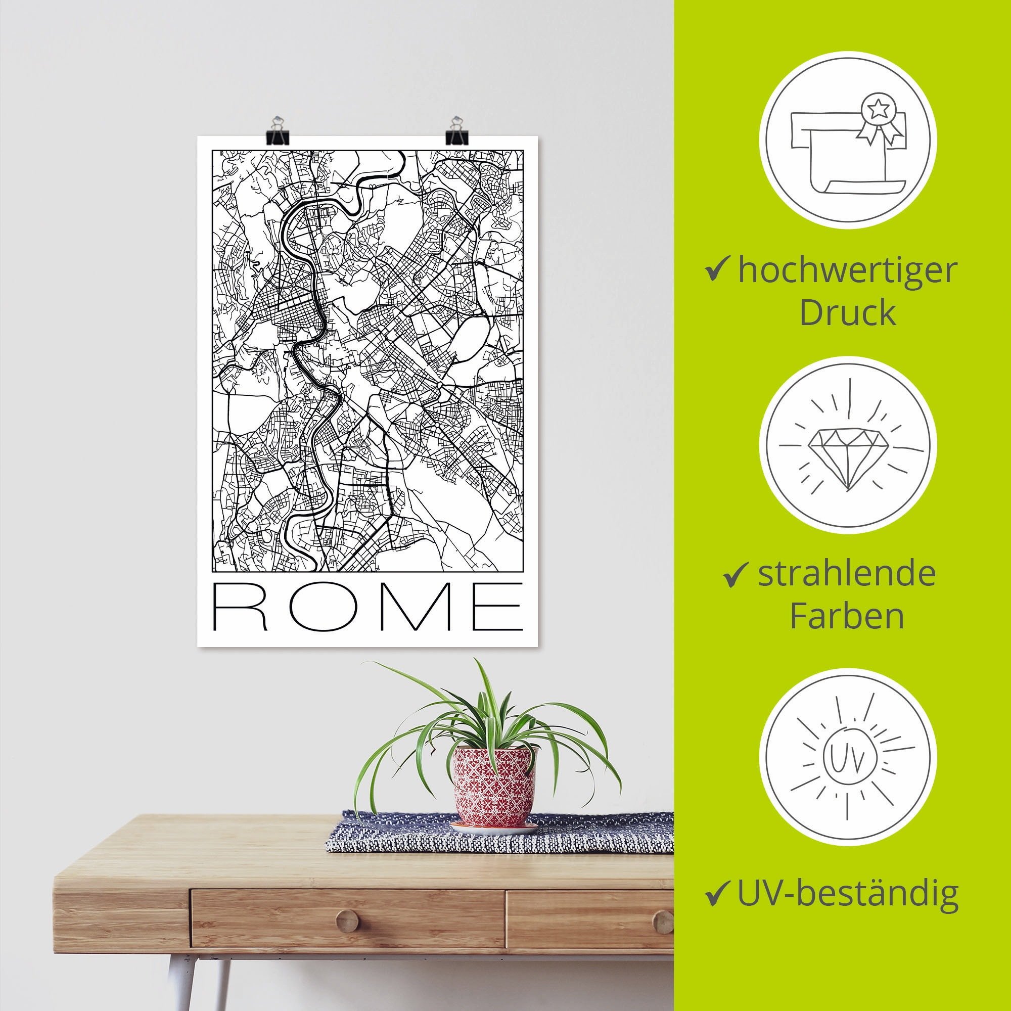 Artland Poster »Retro Karte Rom Italien Schwarz & Weiß«, Italien, (1 St.), als Alubild, Leinwandbild, Wandaufkleber oder Poster in versch. Größen