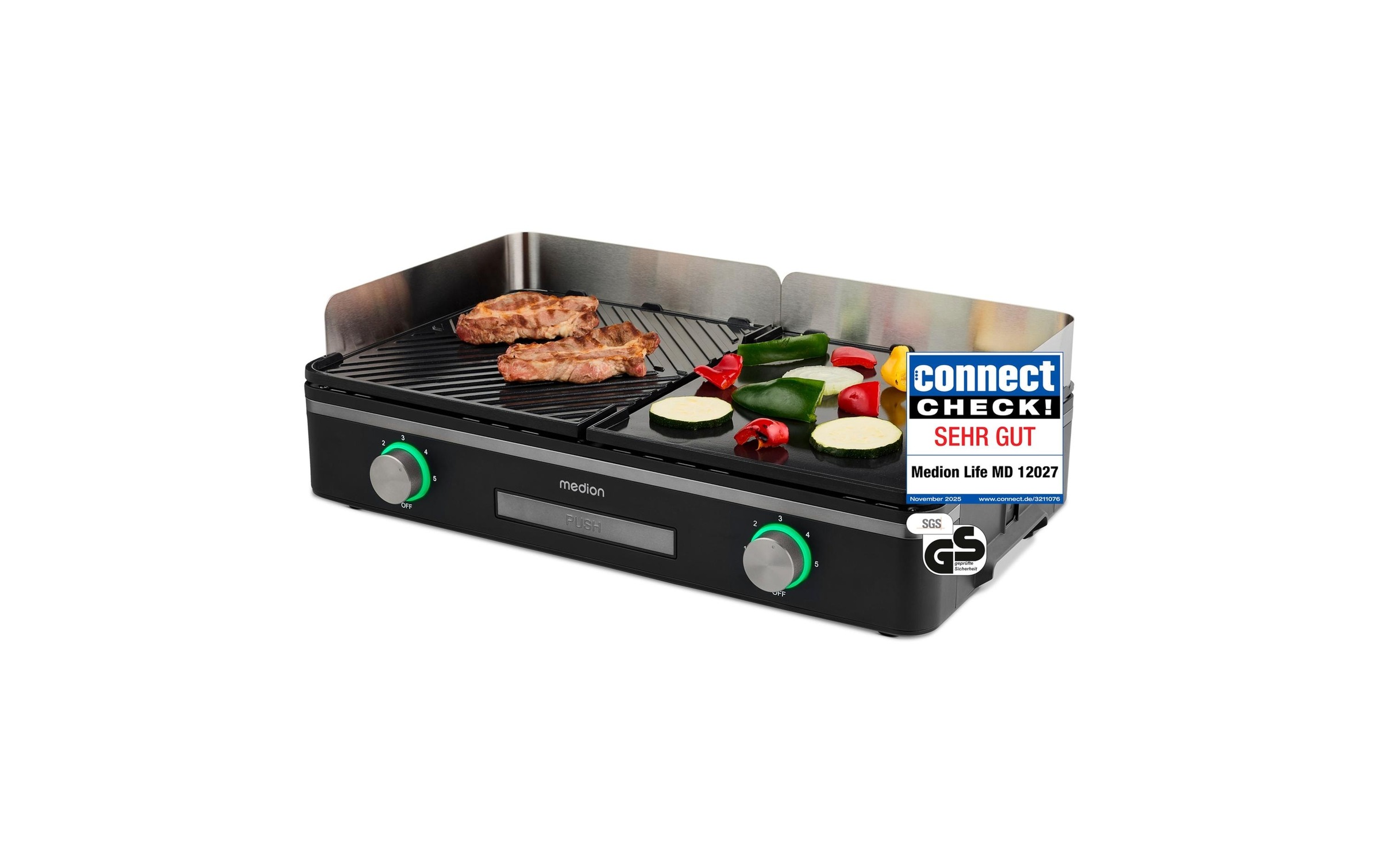 Medion® Tischgrill »MD12027, mit Dual-Zonen-System, 2,400 Watt, 2 abnehmbare Platten« 2400 W bis max. 240 °C, PFAS Frei, LED-Statusanzeige, IPX4-Schutz