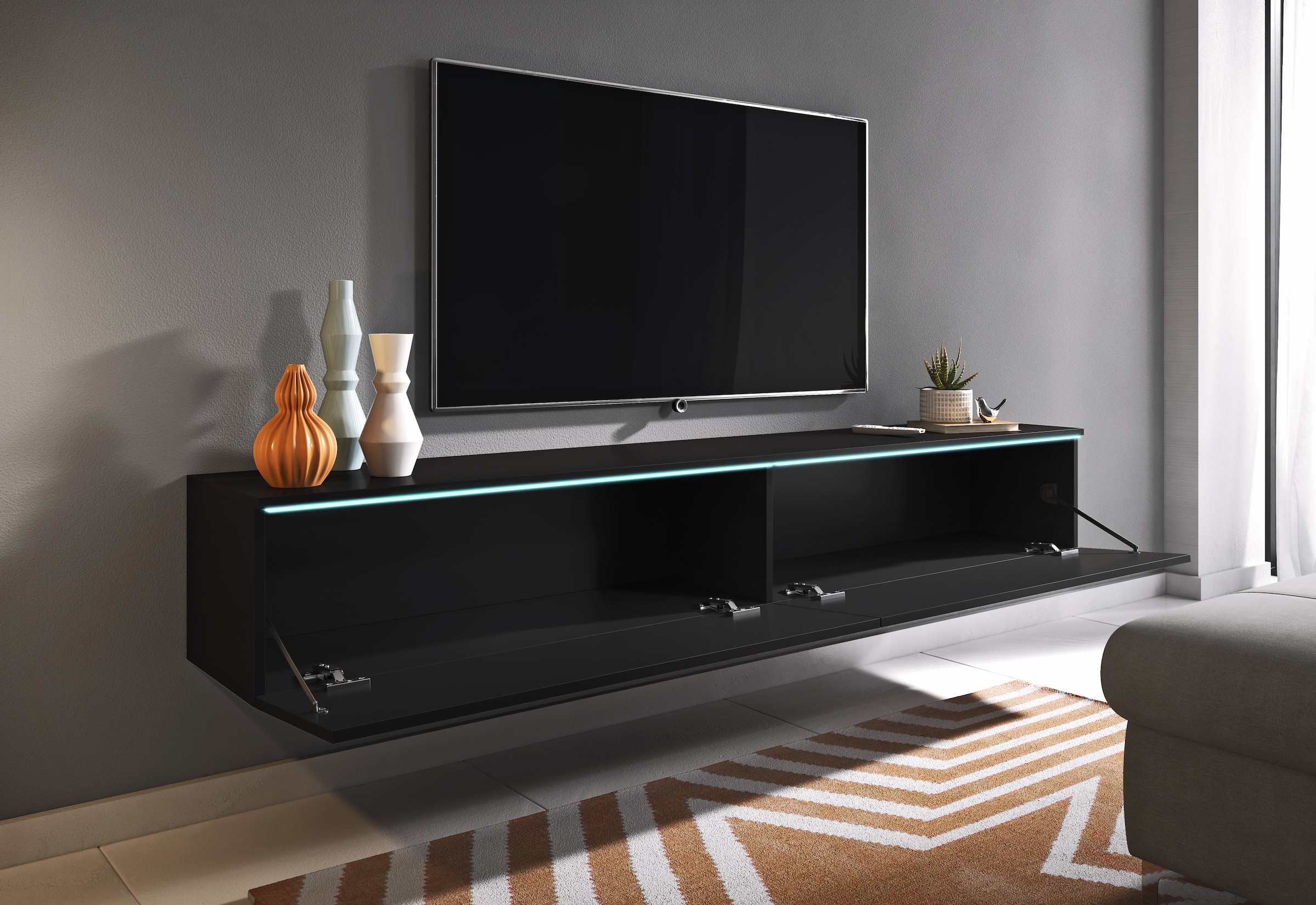 INOSIGN Lowboard »LOWBOARD VERA, wahlweise mit oder ohne Beleuchtung«, Modernes griffloses TV-Board, 180 cm TV-Schrank, stehend und hängend