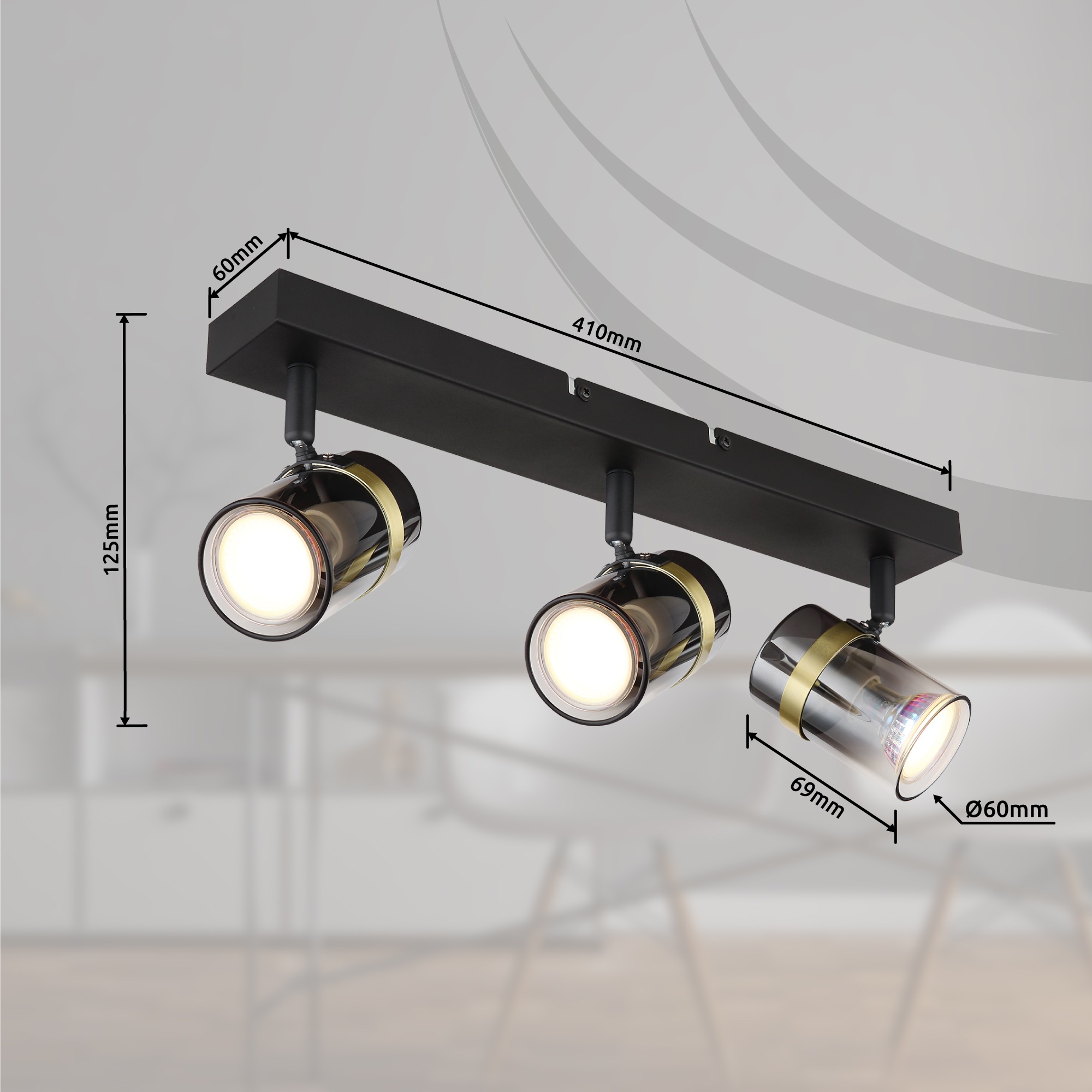 GLOBO LIGHTING Deckenstrahler »TRABBY«, Leuchtmittel GU10 | ohne Leuchtmittel, Deckenspot/schwarz/Glas rauchfarben/messingfarben/Flur/Wohnzimmer