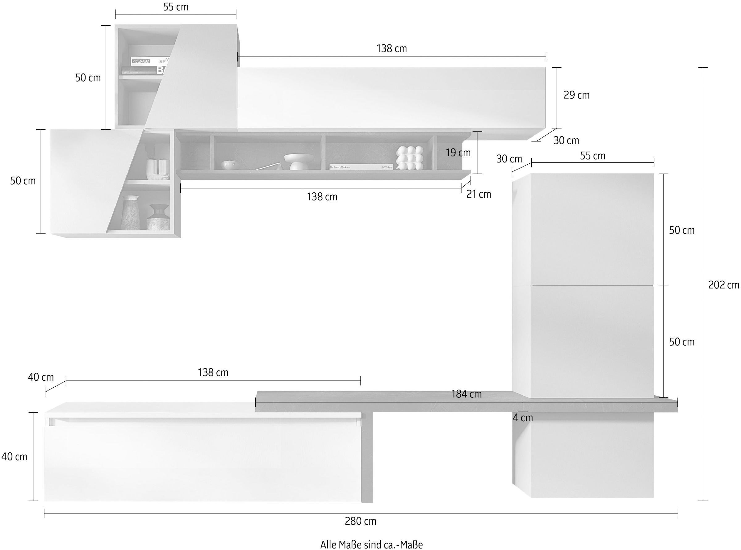 INOSIGN Wohnwand »INFINITY, 9tlg. Breite 280 cm, moderne Mediawand (Lowboard,«, (9 St.), T-Boden, 4x Hängewürfel, Würfel-Element, Wandregal, Hängeschrank)
