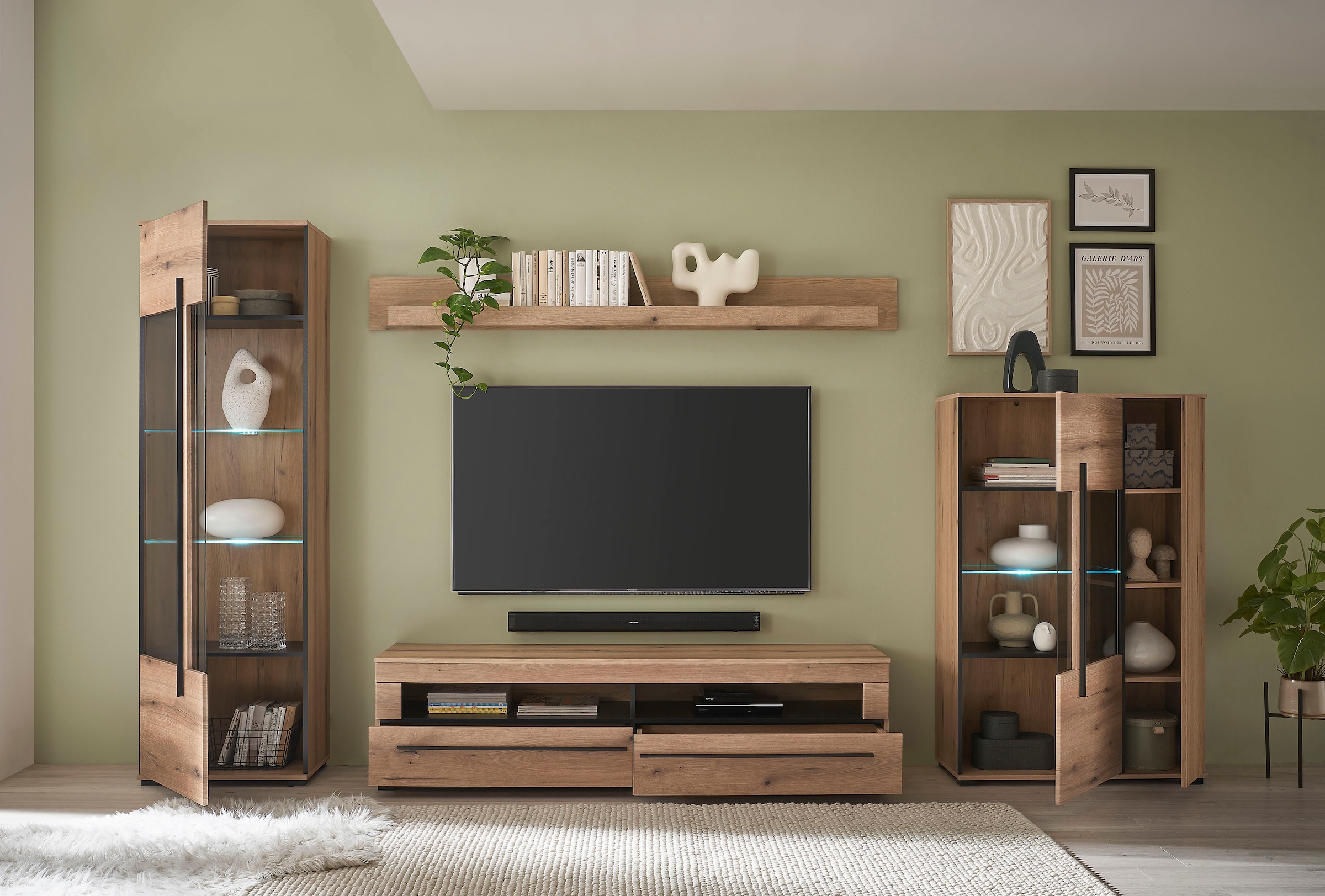 INOSIGN Wohnwand »Cantara, moderne Anbauwand, Wohnzimmer-Set, in Eiche Evoke oder Weiß«, (Set, 4 St.), enthält zwei Vitrinen, ein Lowboard und ein Wandboard