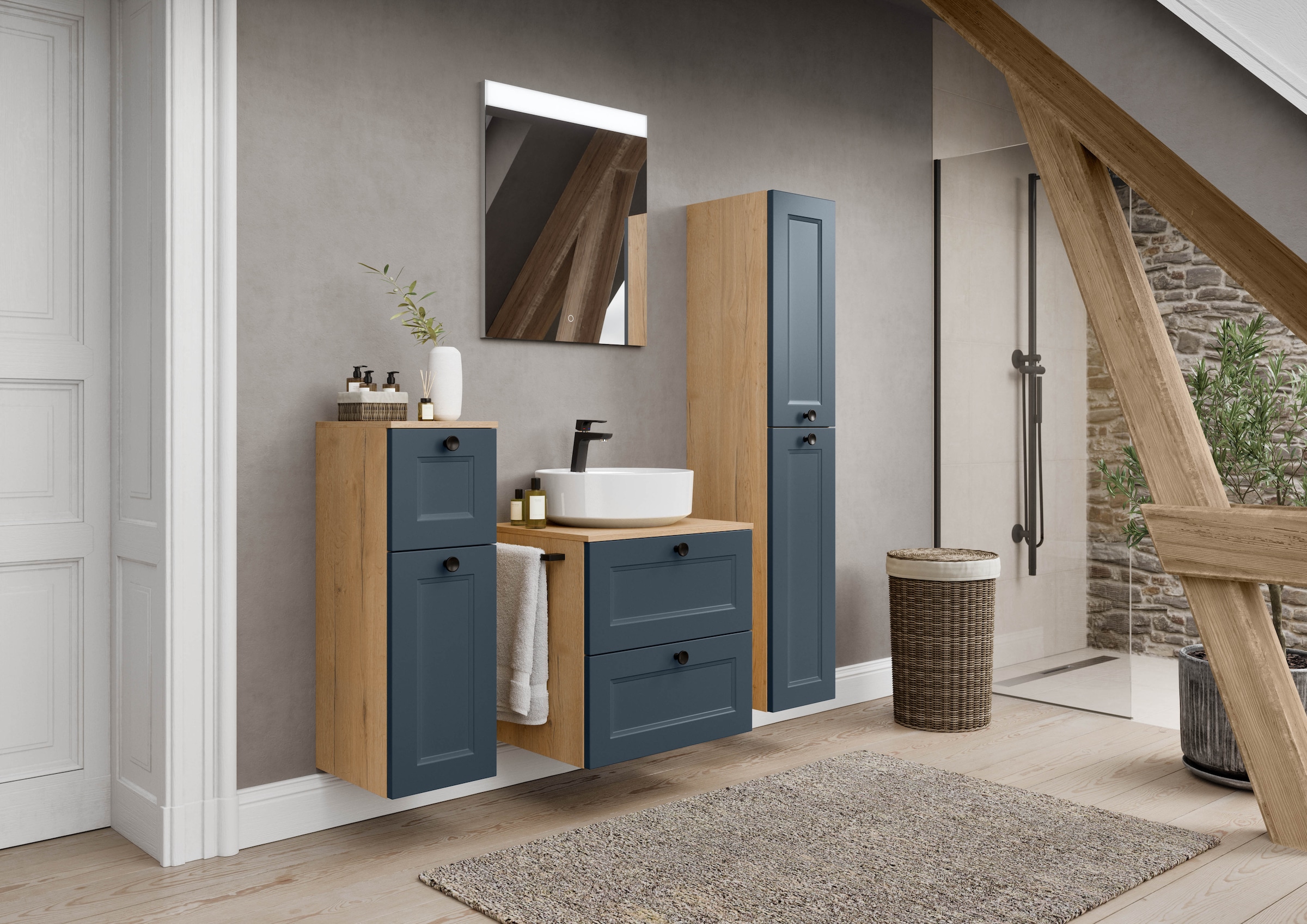 nobilia® Badmöbel-Set »Cascada« Set, inkl.  Aufsatzwaschbecken und beleuchtetem  Spiegel mit Touch-Sensor, 2 Stk. tlg.