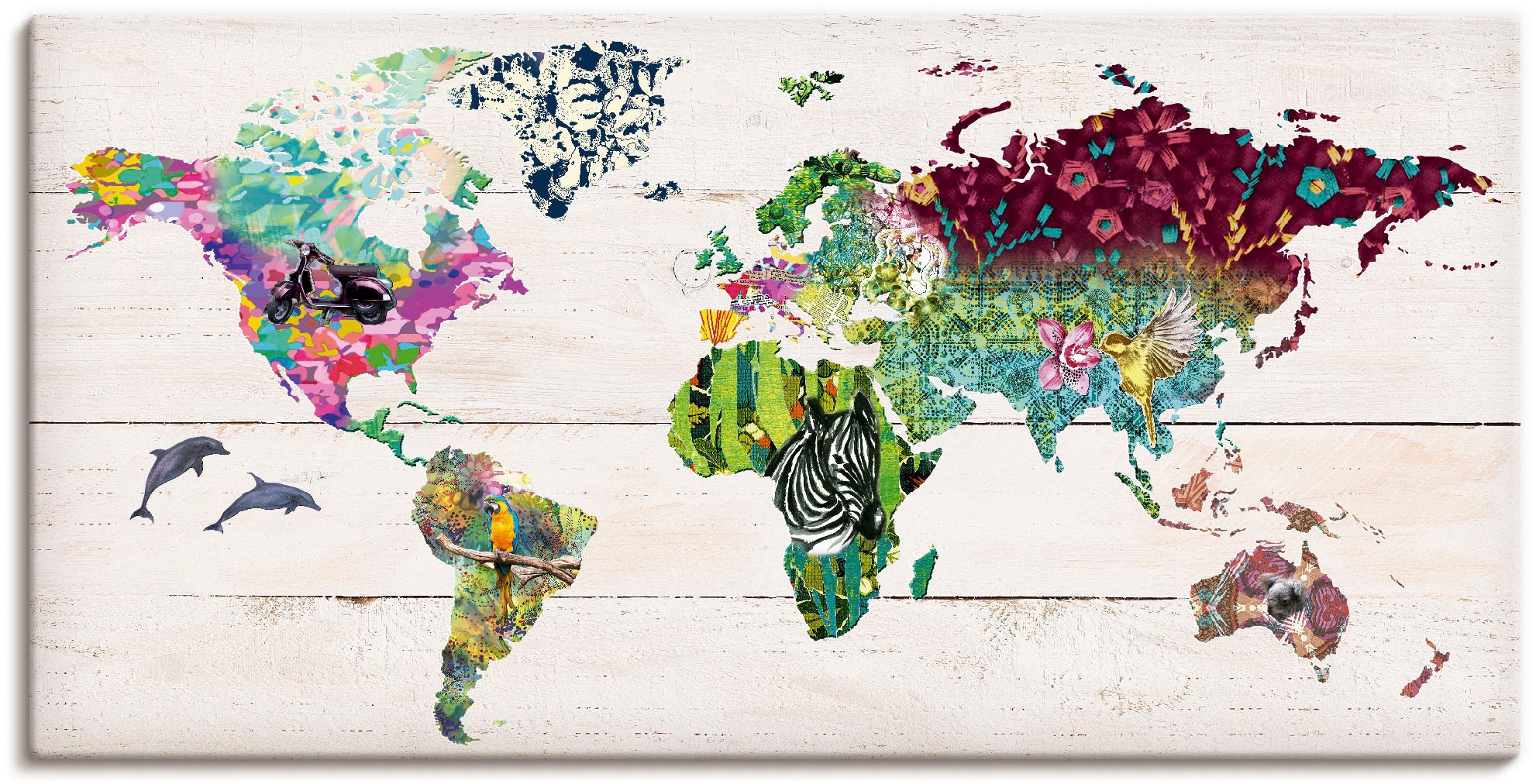Artland Wandbild »Bunte Welt auf hölzernem Untergrund«, Landkarten, (1 St.), als Leinwandbild, Poster in verschied. Größen