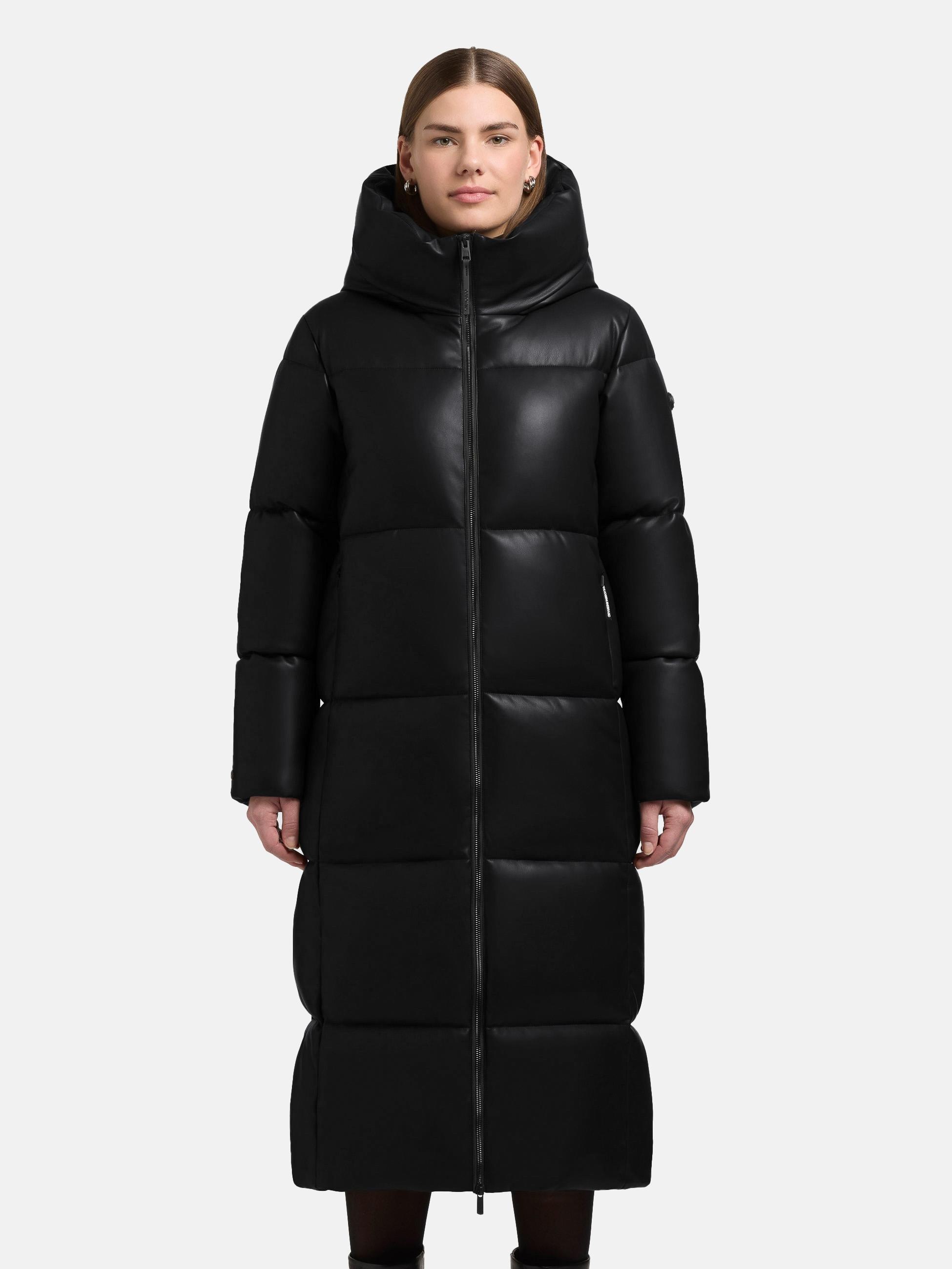 Steppmantel KHUJO "Destiny", Damen, Gr. S (36), schwarz, Obermaterial: 100% Polyurethan; Innenfutter: 100% Polyester; Wattierung: 100% Polyester; Beschichtung: 100% Polyurethan, gerade wadenlang, hoch geschlossener Ausschnitt, Ärmel ohne Ärmelschlitz Ripp