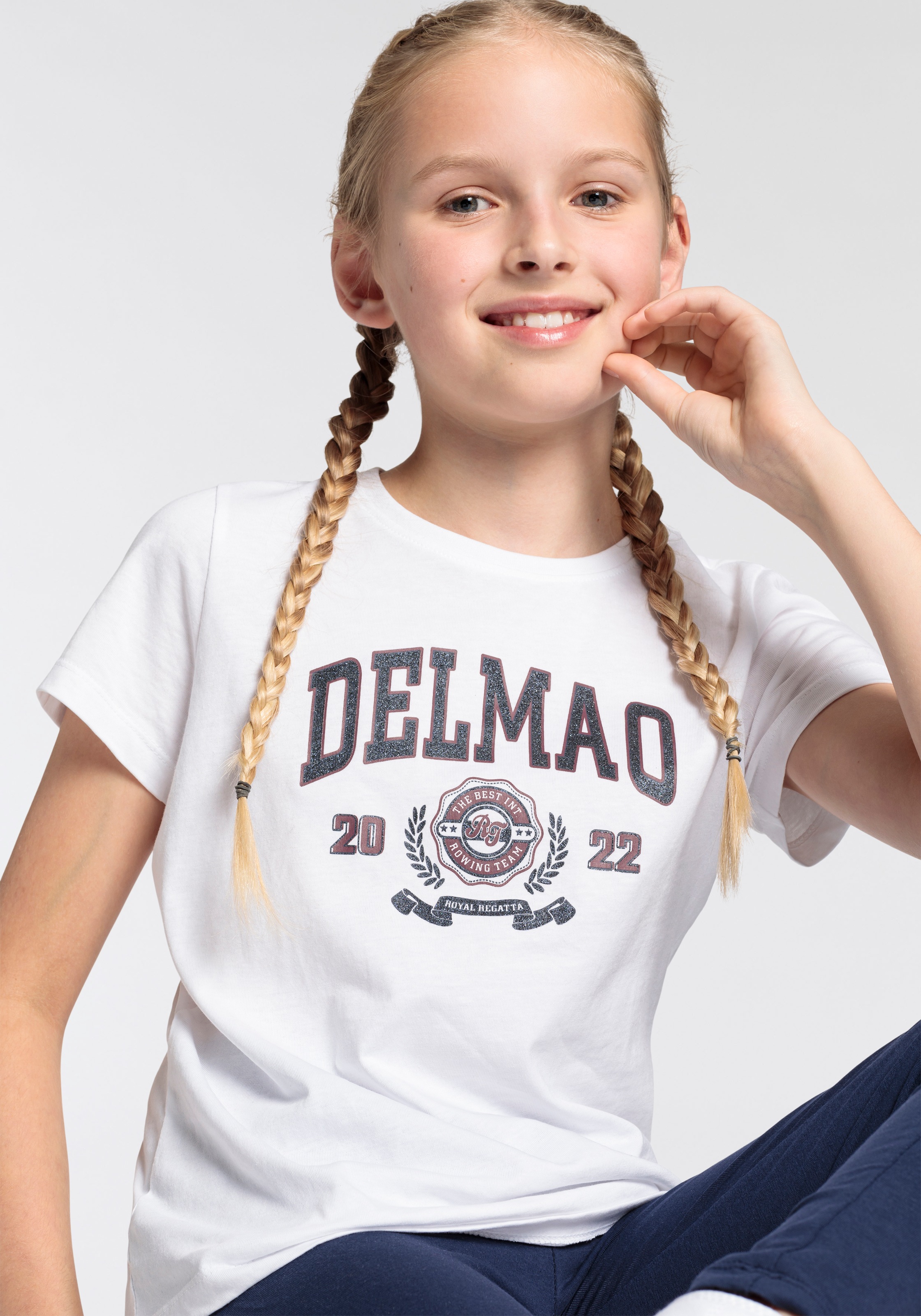 DELMAO T-Shirt Mädchen«, Delmao-Glitzer-Print kaufen mit online BAUR »für großem 