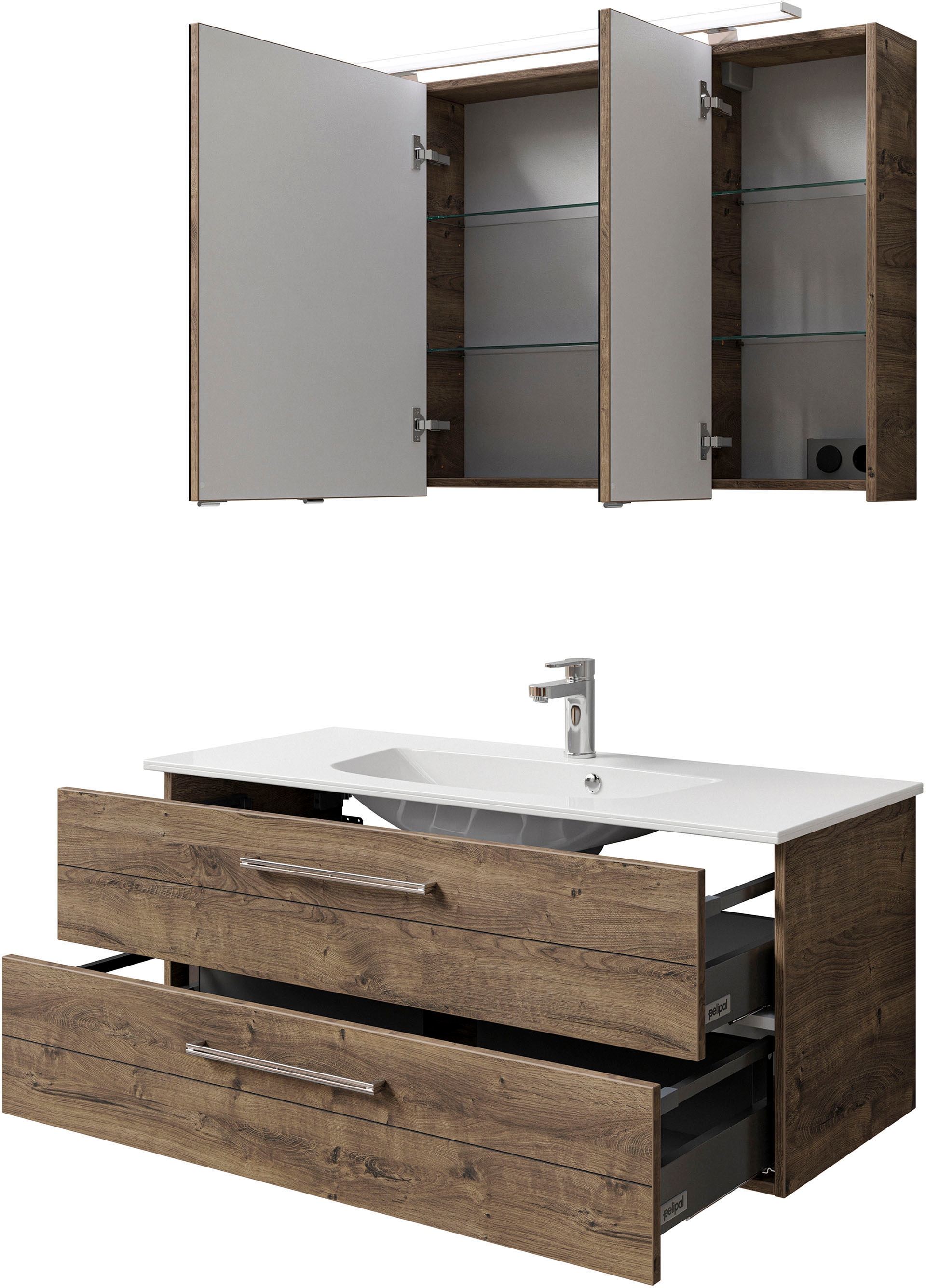 Saphir Badmöbel-Set »Serie 6025 2-teilig Mineralmarmor-Waschtisch mit LED-Spiegelschrank«, (2 St.), Waschplatz 117cm breit, 2 Schubladen, 3 Spiegel-Türen, inkl Türdämpfer