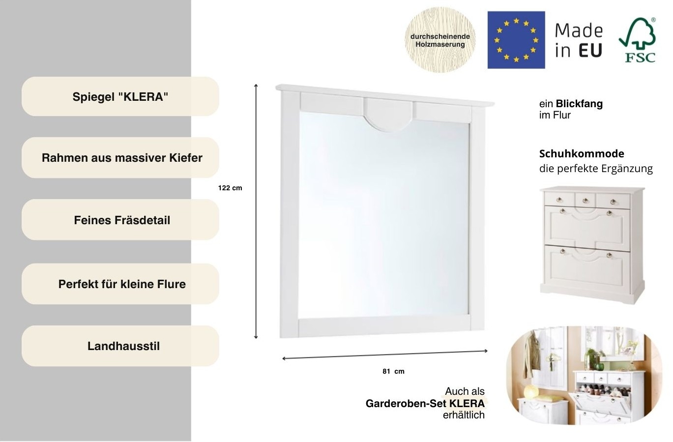 Home affaire Spiegel »Klera«, Breite 81 cm, aus massiver Kiefer, FSC®-zertifiziert