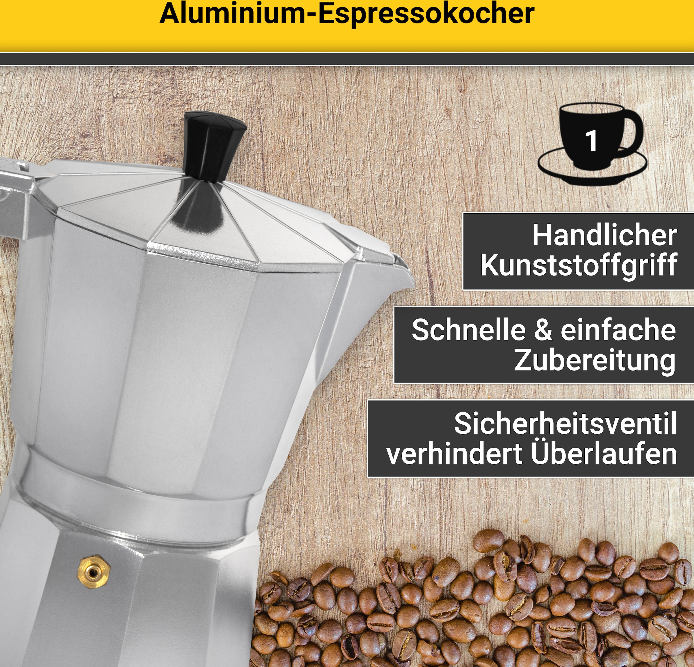 Krüger Espressokocher »Italiano«, 0,1 l Kaffeekanne, traditionell italienisch, aus Aluminium, mit Silikon-Dichtungsring