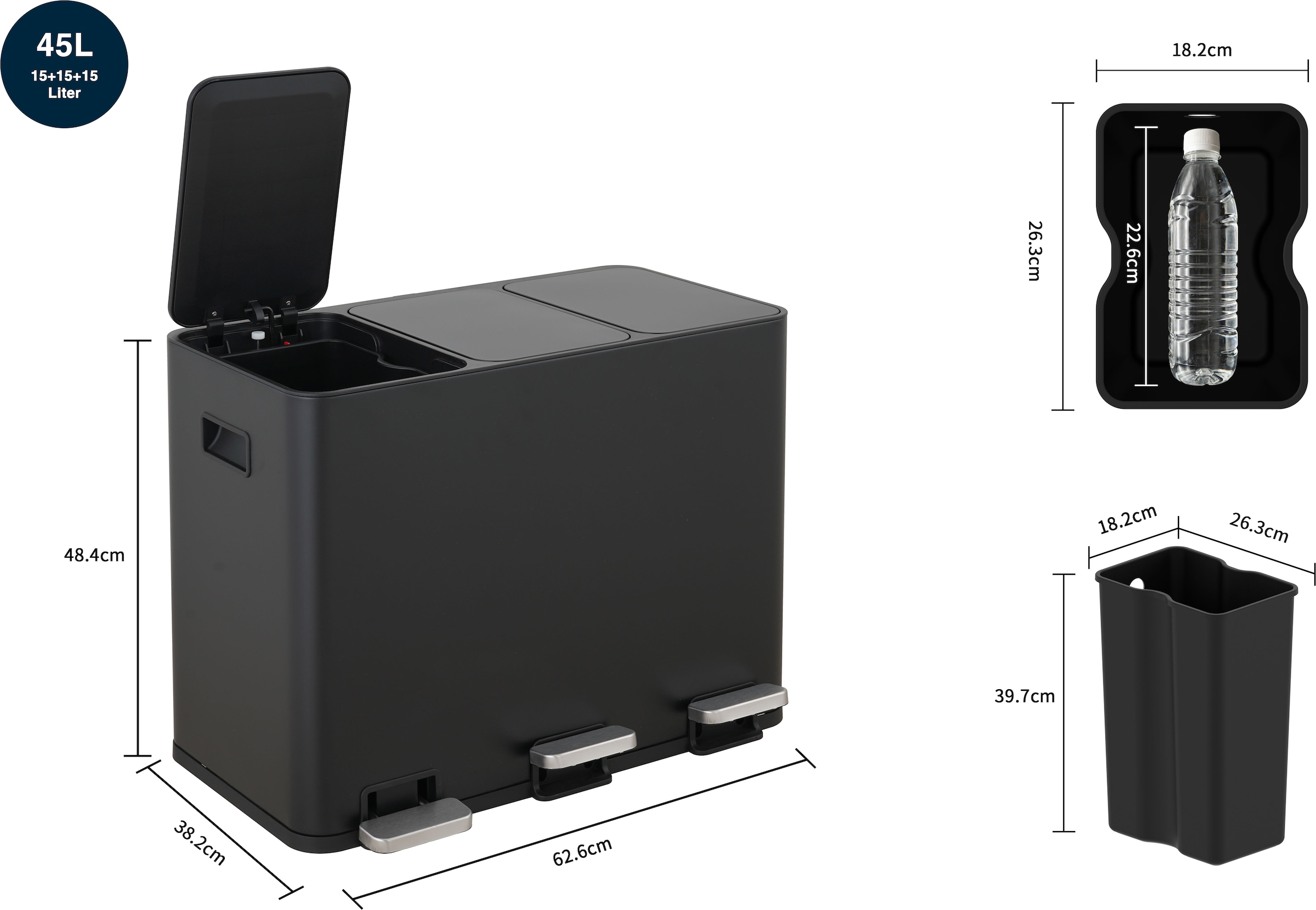 OTTO home Mülleimer »Garrin, Soft Close, Fassungsvermögen 3x 15 Liter« 3 Behälter Mülltrennsystem mit 3 separaten Innenbehältern und Fußtrittpedalen