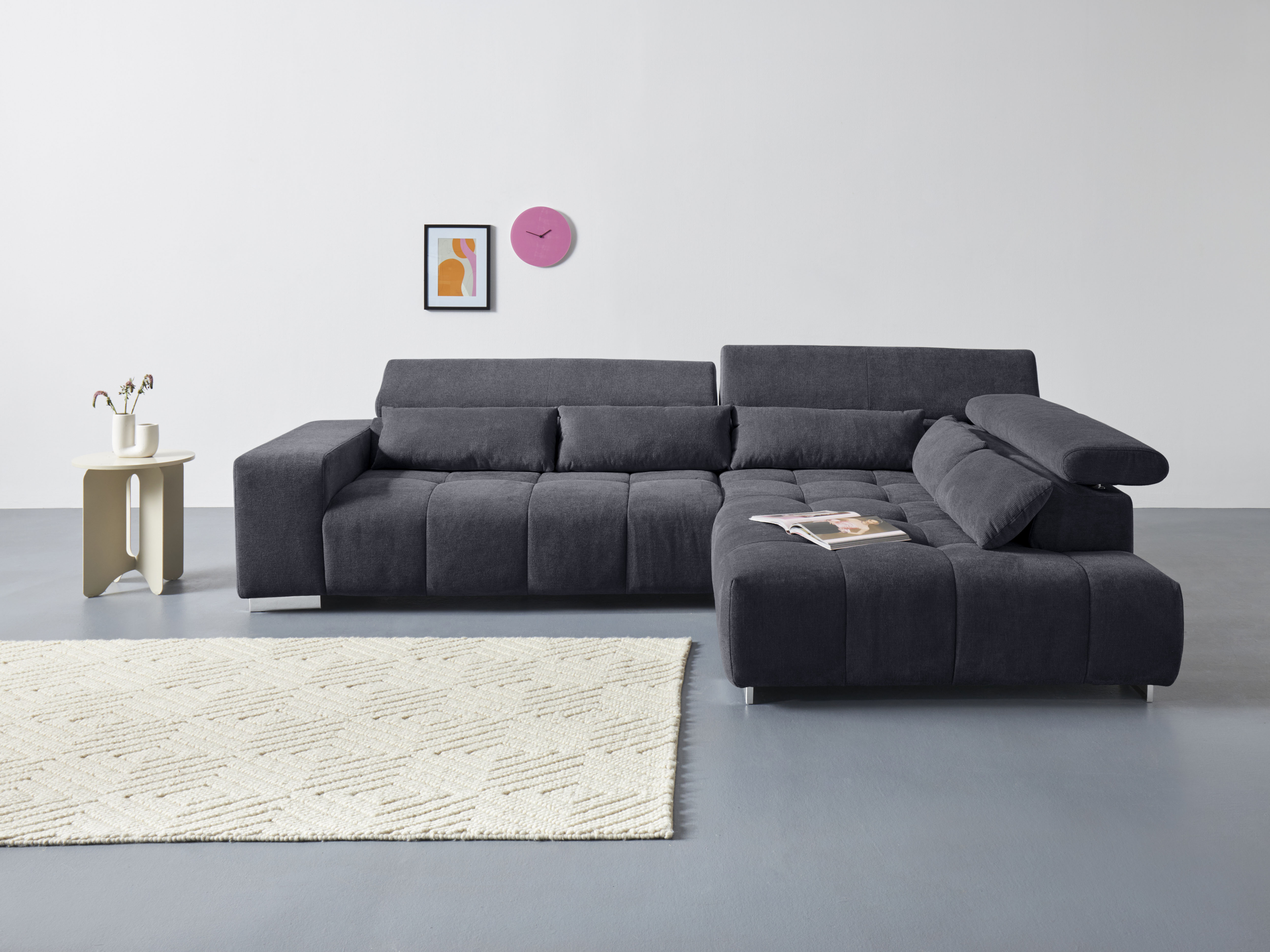 COTTA Ecksofa "Orion L-Form, B: 310 cm, moderne Steppung, bequeme Wellenunterfederung" Kopfteilverstellung & 5 Nierenkissen