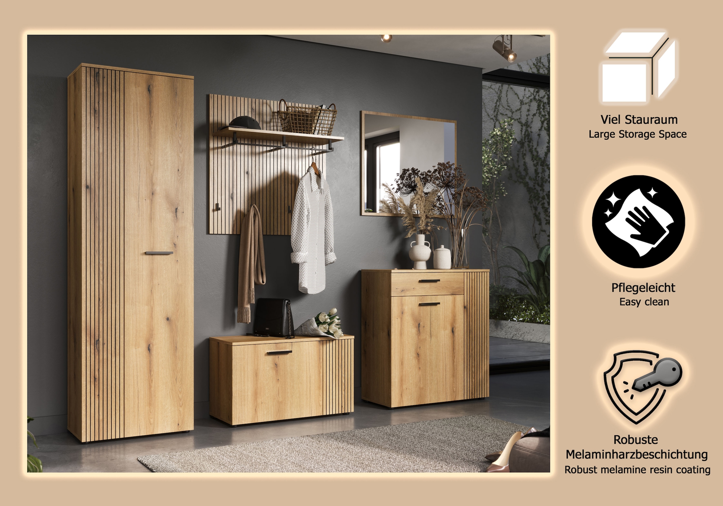 Home affaire Garderoben-Set »Amrum« Komplett-Set, 5 Stk. tlg. Set bestehend aus: Schrank, Sitzbank, Wandpaneel, Kommode & Spiegel
