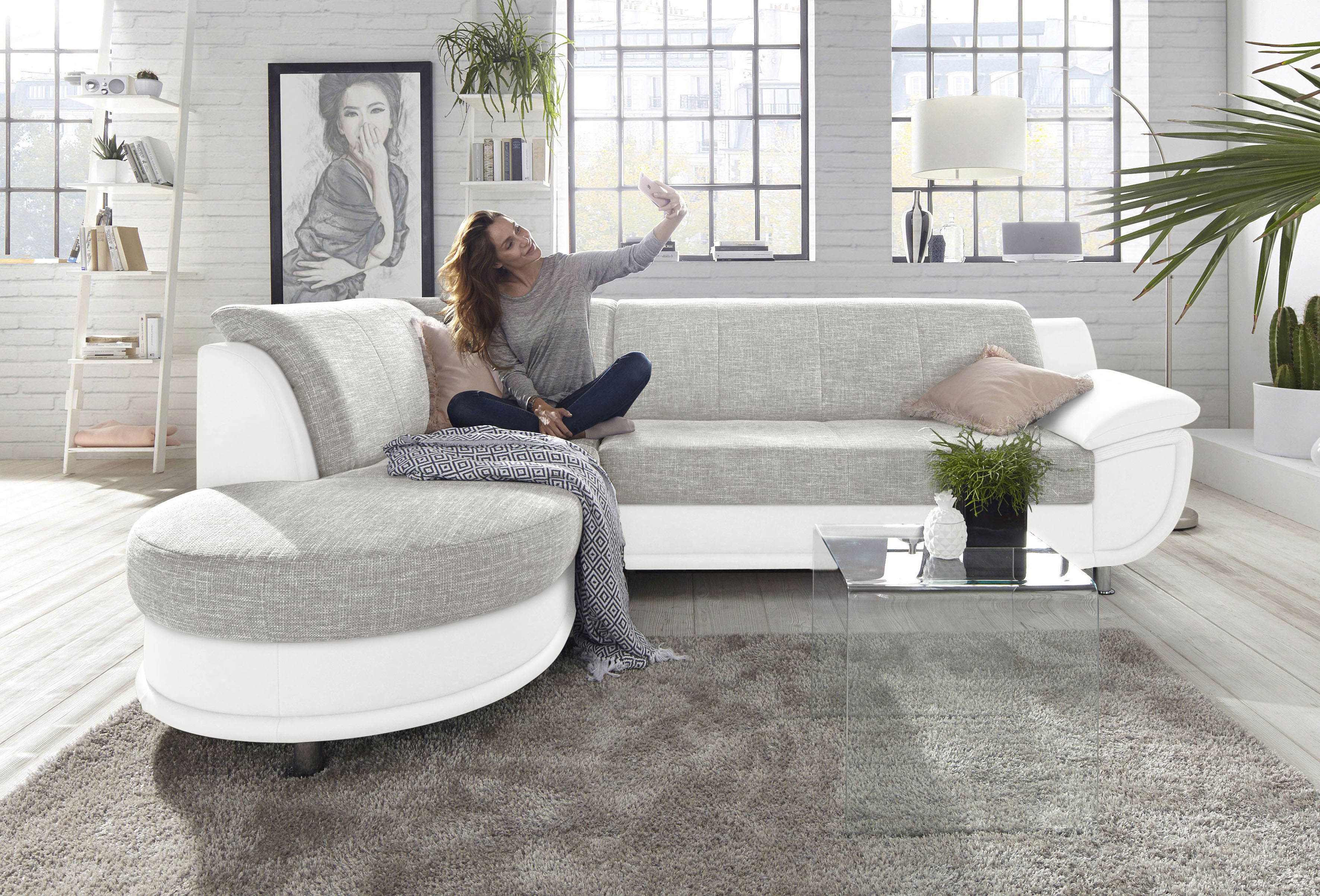 TRENDMANUFAKTUR Ecksofa "Rondo 3, zeitlos & bequem, Materialmix, L-Form, Breite 265cm" wahlweise mit Federkern für mehr Komfort, wahlweise mit Bettfunktion