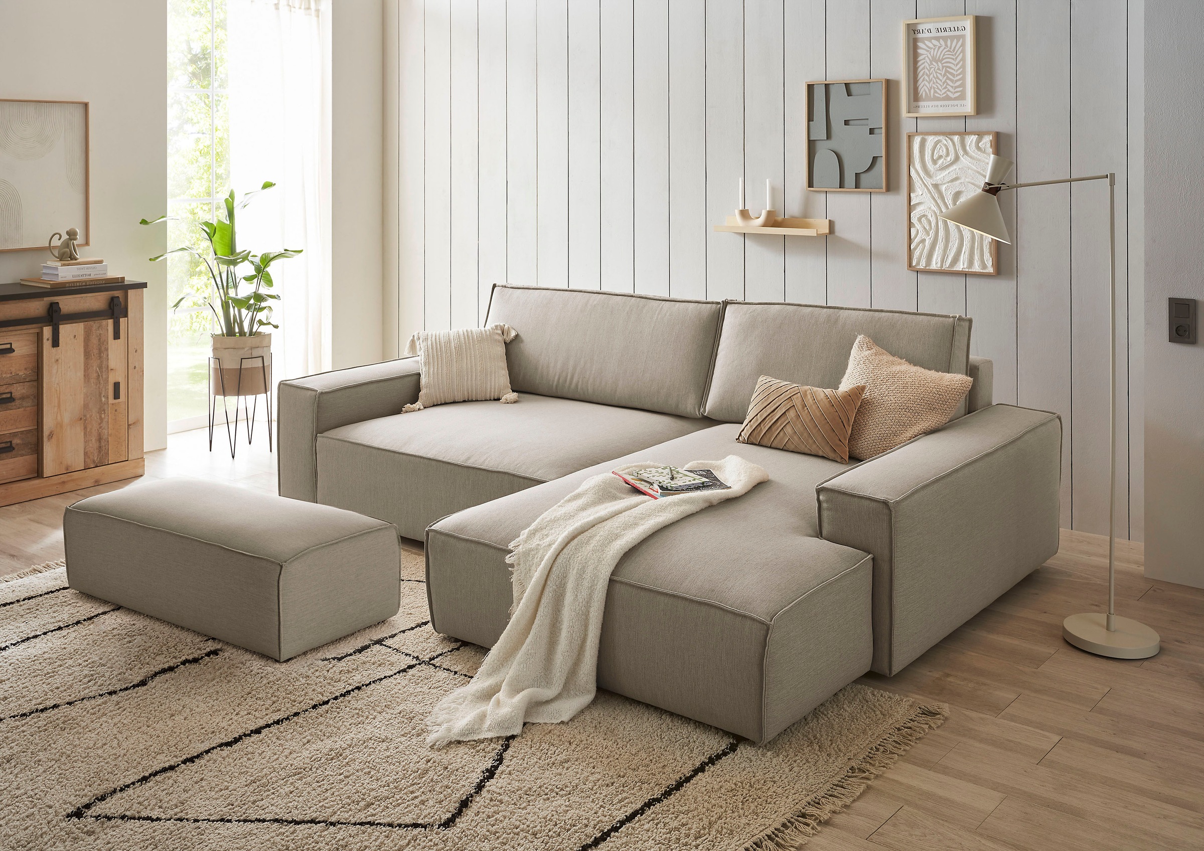 Home affaire Polsterecke »NEU: SHERWOOD XXL tief, L-Form mit Schlaffunktion, Big-Sofa mit Hocker«, (Set, 2 St.), stellbar zum Schlafsofa (Krokodilverbinder), Cord, Leinenoptik