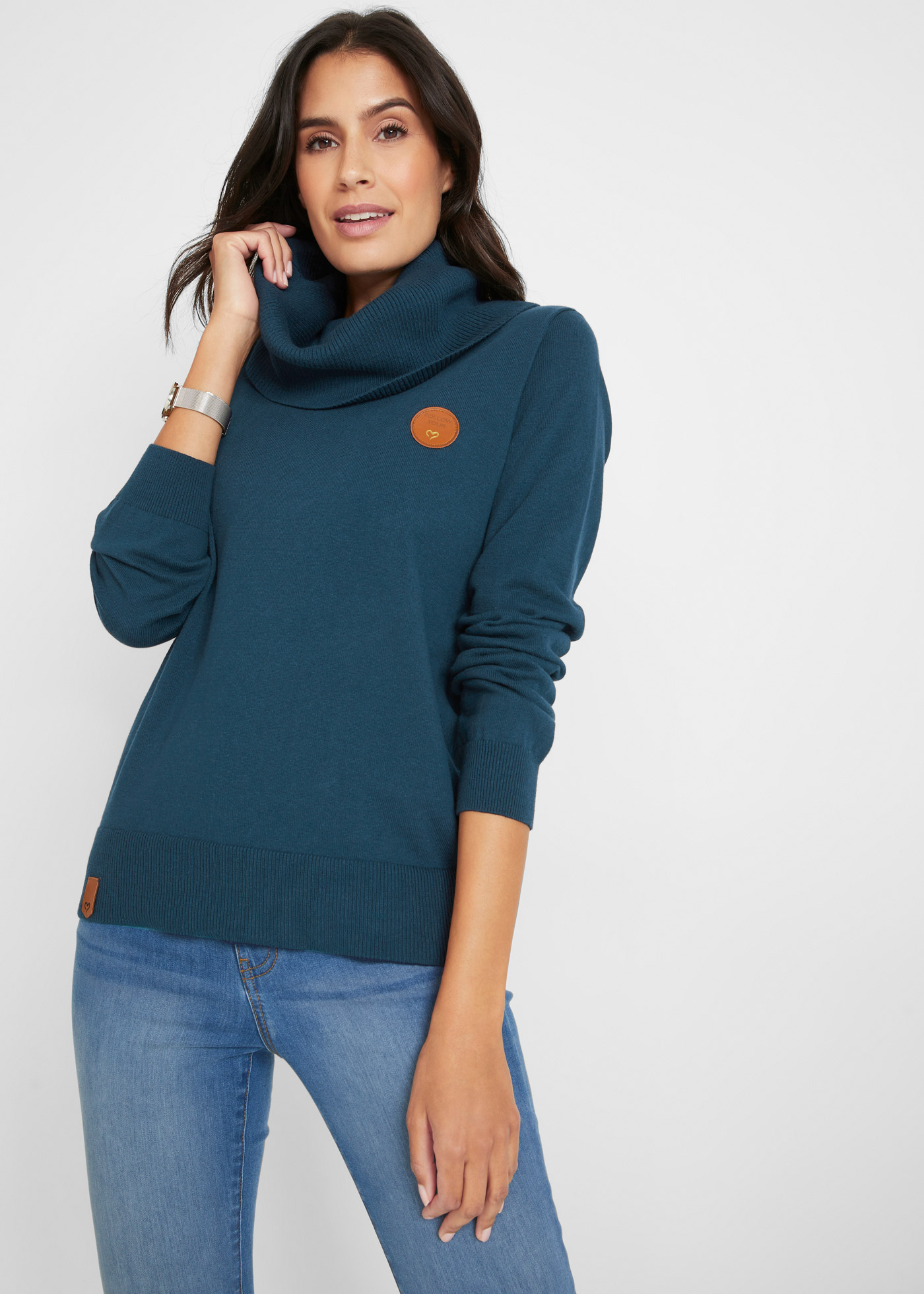 bonprix Strickpullover "Feinstrickpullover mit weitem Kragen" mit kleinen Leder-Details, aus Baumwollmischung, bequeme Passform