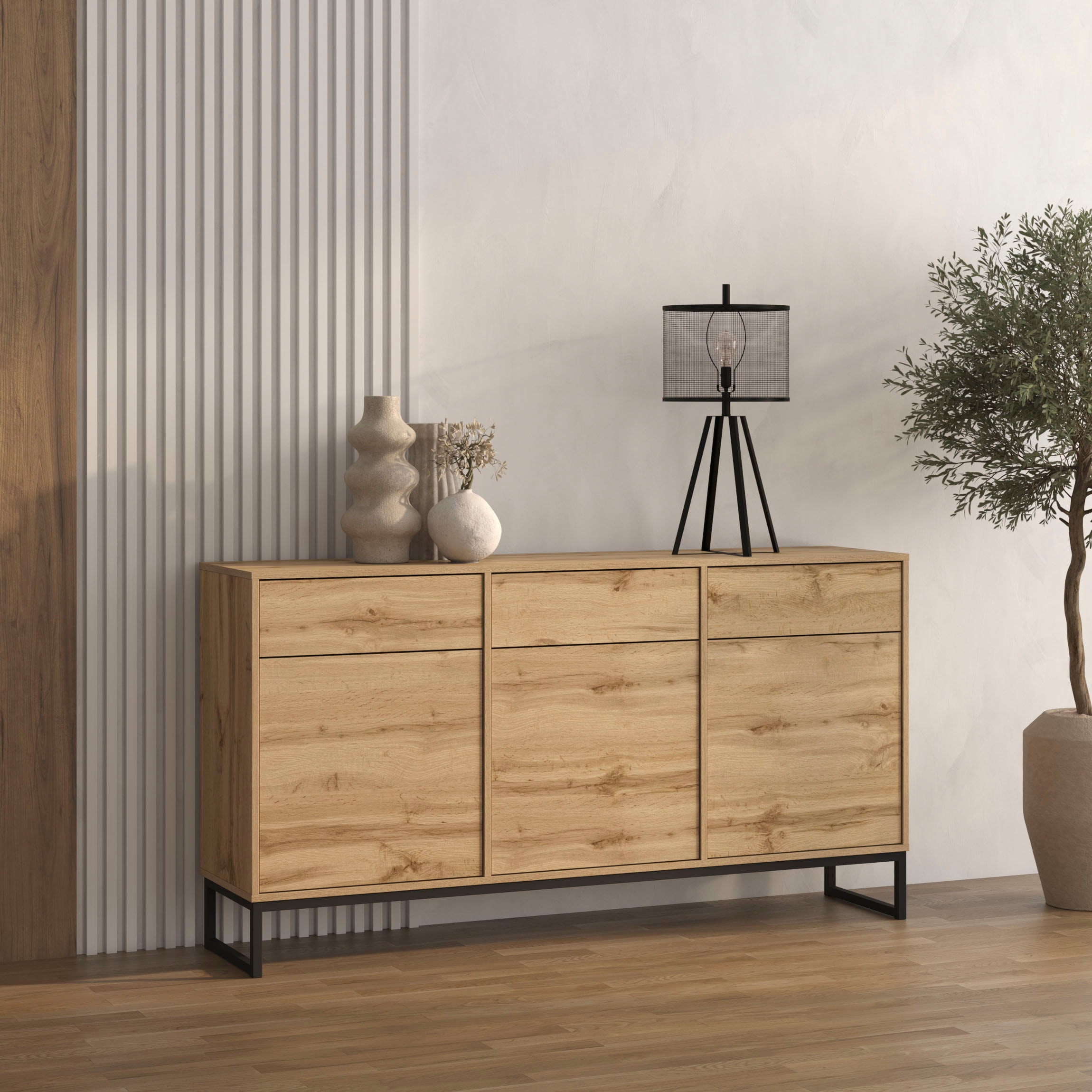 OTTO home Sideboard "Loft, Breite 157 cm, grifflose Kommode 3 Türen/3 Schubkästen." Schubladenschrank mit viel Stauraum, Einlegeböden verstellbar