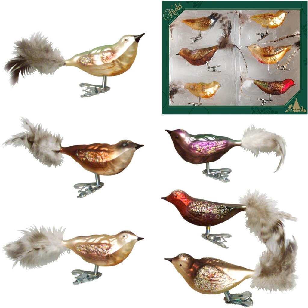 Krebs Glas Lauscha Weihnachtsbaumklammer »Waldvögel, Weihnachtsdeko, Christbaumschmuck«, (Set, 6 tlg.)