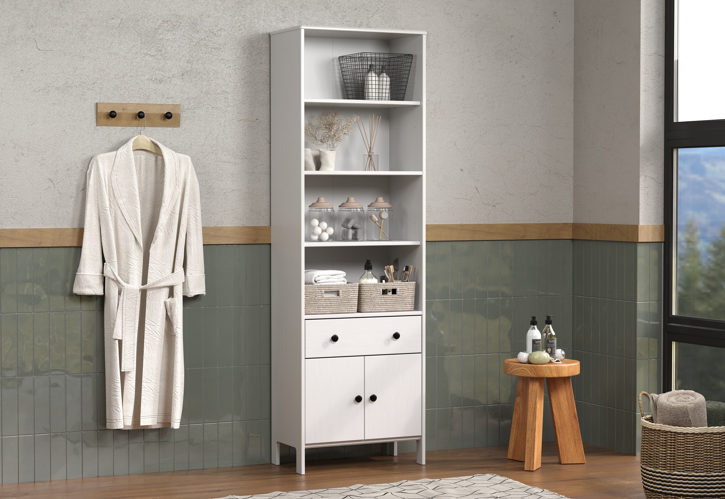 welltime Hochschrank »Kall«, (1 St.), Badezimmerschrank aus Kiefer-Massivholz - Maße (B/T/H) 60/33/188 cm