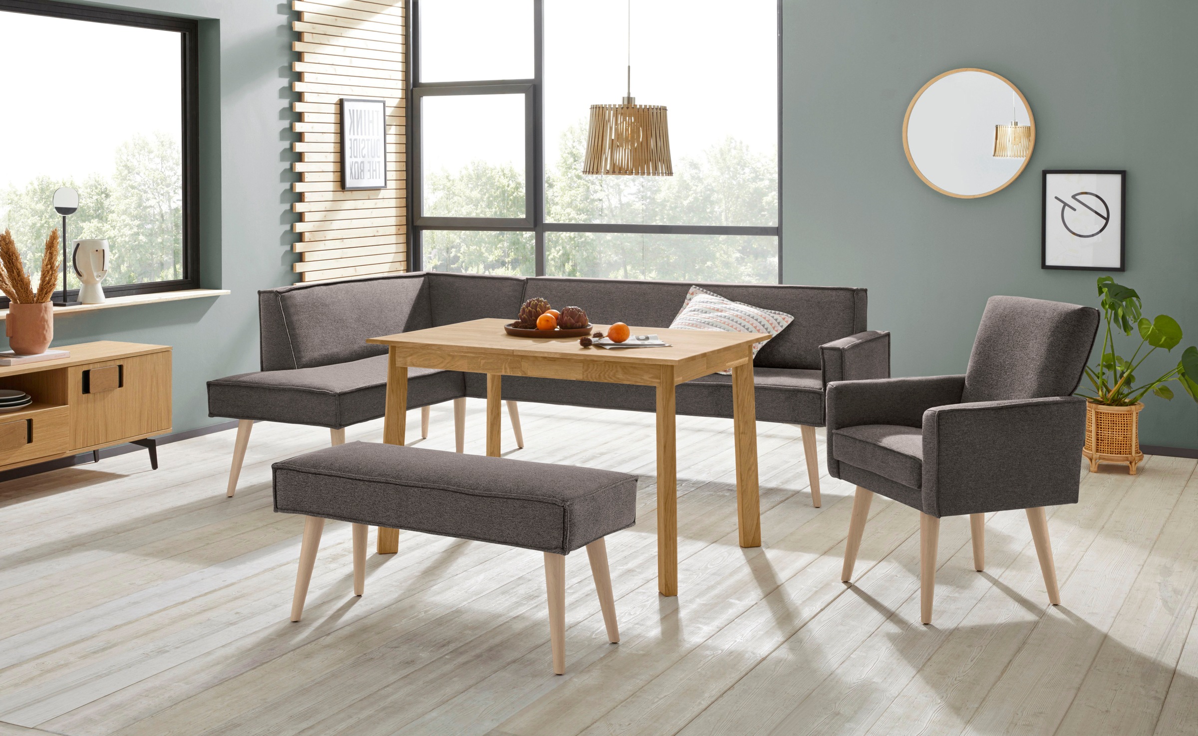 exxpo - sofa fashion Eckbank »Lungo, moderne Kedernaht, bequem und elegant, hoher Holzfuß«, hochwertige Detailverarbeitung, frei im Raum stellbar
