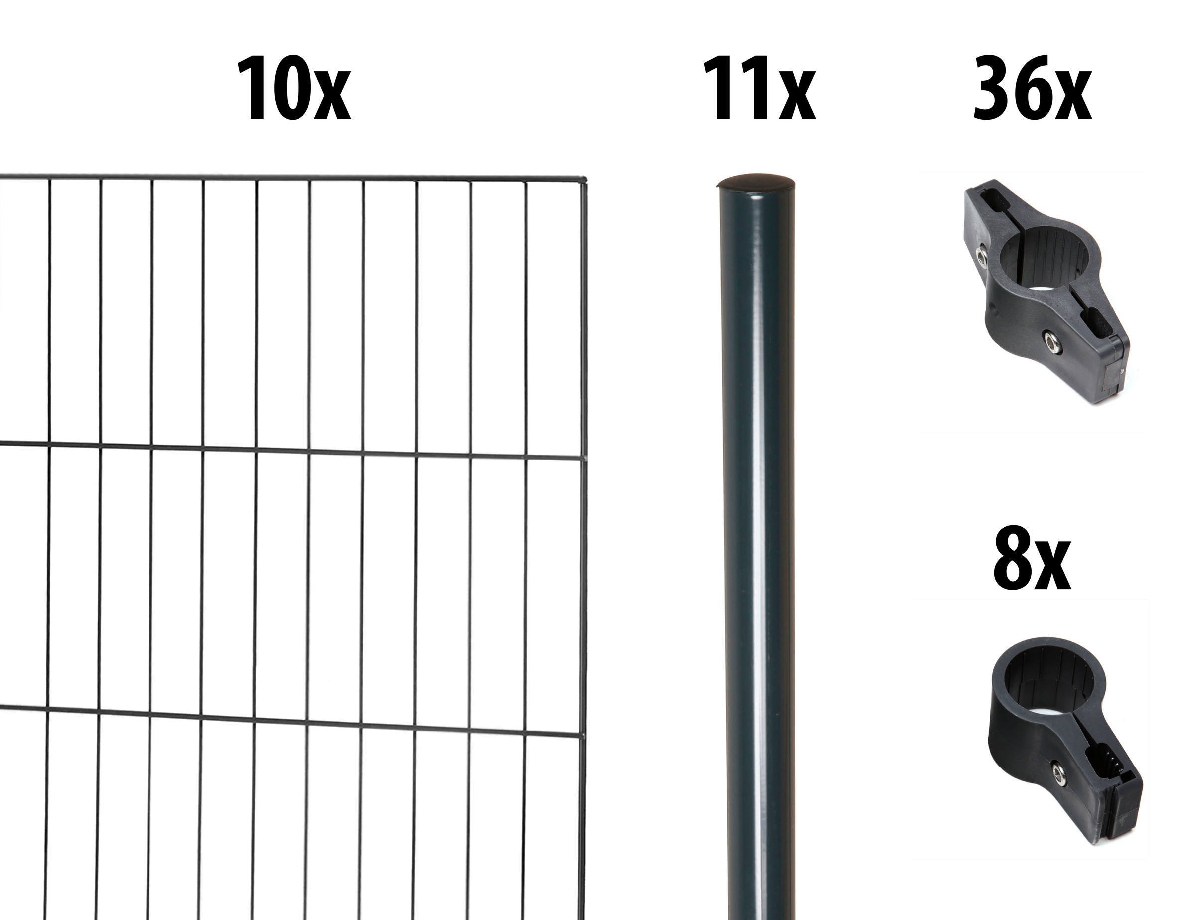 GARDEN N MORE Einstabmattenzaun "mit Rundpfosten", 10 Elemente für 20 m, LxH: 200 x 175 cm, mit 11 Pfosten