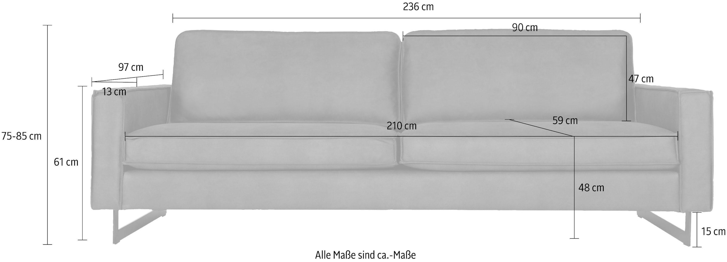 Places of Style 3-Sitzer »Pinto«, Maxi-Ausführung, mit Keder und Metallfüßen, auch mit Cord Bezug