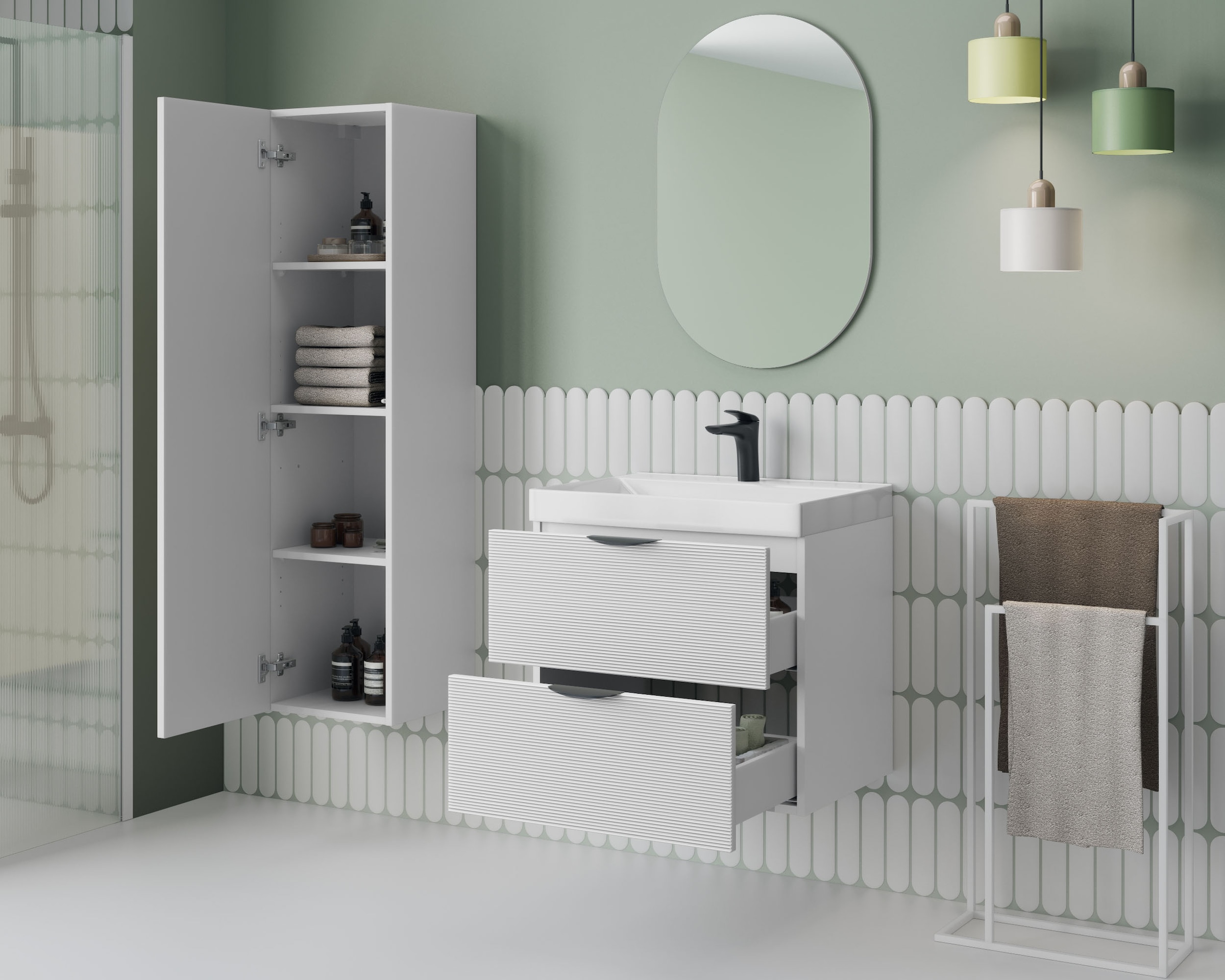 welltime Waschtisch »FLOW STRIPE mit Waschbecken, Breite 60 oder 80cm, modernes Design« Schrank mit 2 Schubladen, Soft-Close-Function, in 2 Breiten erhältlich
