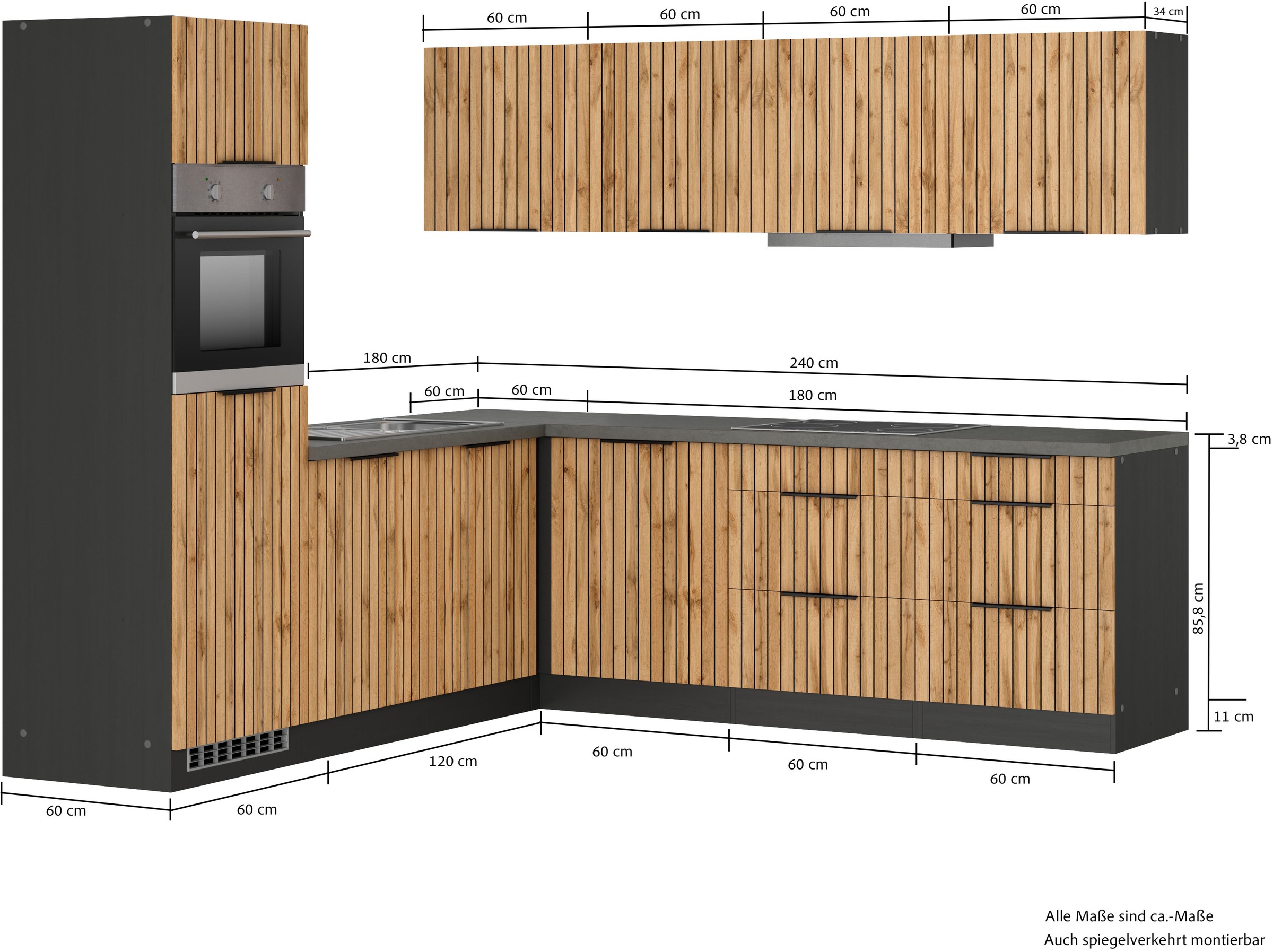 KOCHSTATION Winkelküche »KS-Lagos, Stellbreite 240/240 cm, wahlweise mit E-Geräten«, Ceran-oder Induktionskochfeld,Kühlschrank,Spüle edelstahl oder schwarz