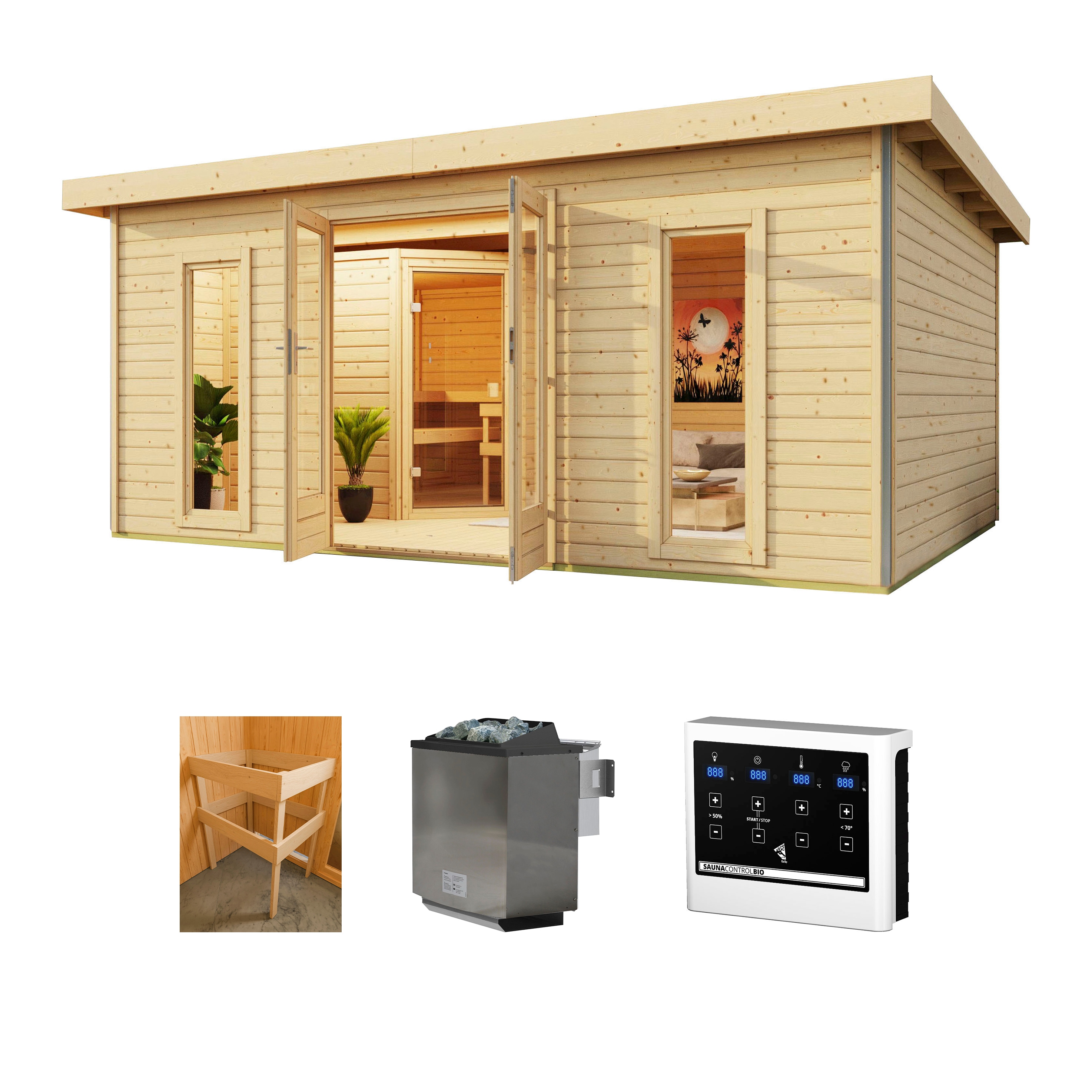 KONIFERA Saunahaus "Maiko 4 SET B" Ofen 9 kW Bio externe Strg easy
