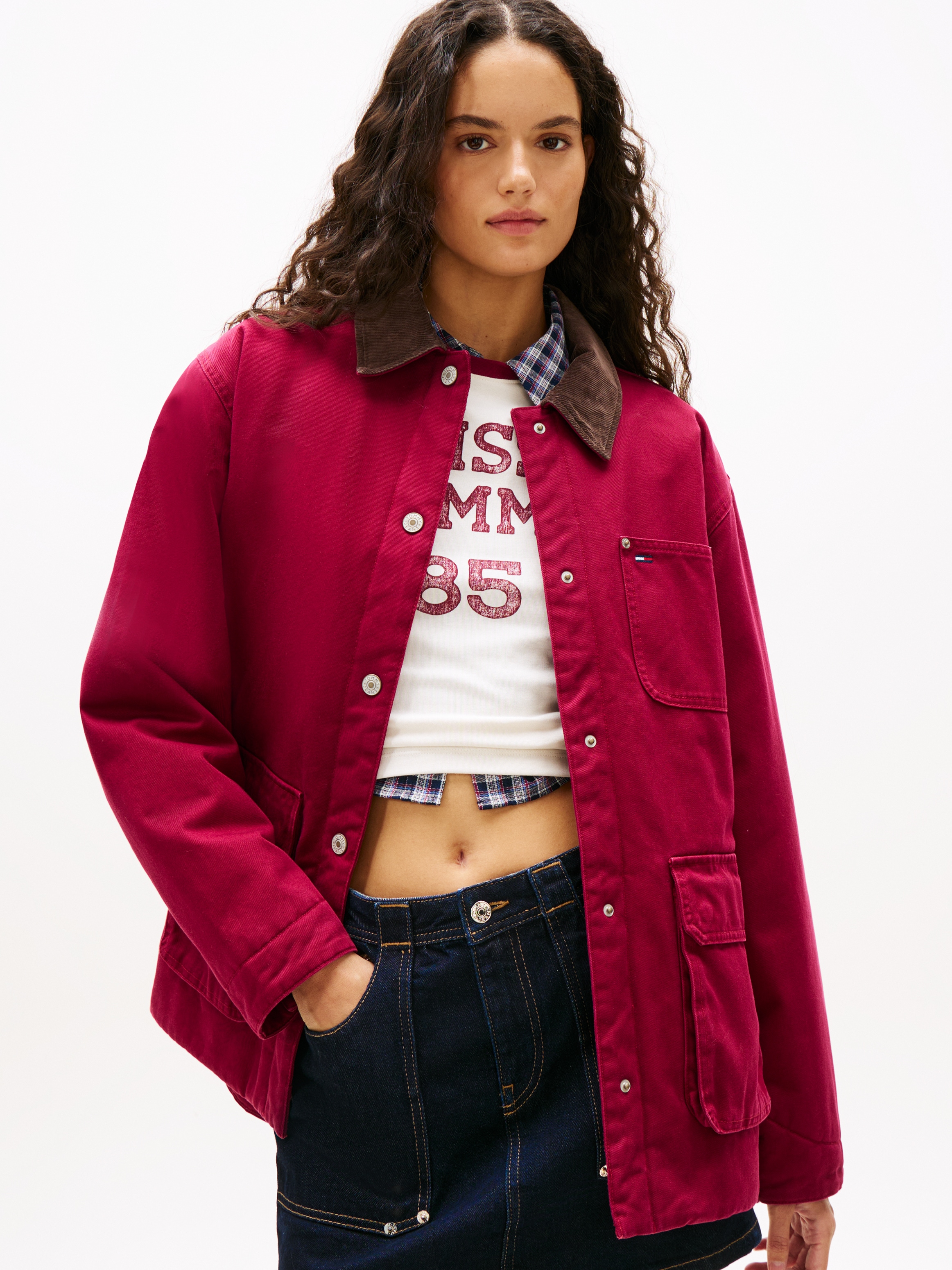 Outdoorjacke TOMMY JEANS "TJW TWILL JACKET CORD COLLAR", Damen, Gr. S (36), lavish cerise, Web, Obermaterial: 100% Baumwolle, unifarben, regular fit, Jacken Outdoorjacke