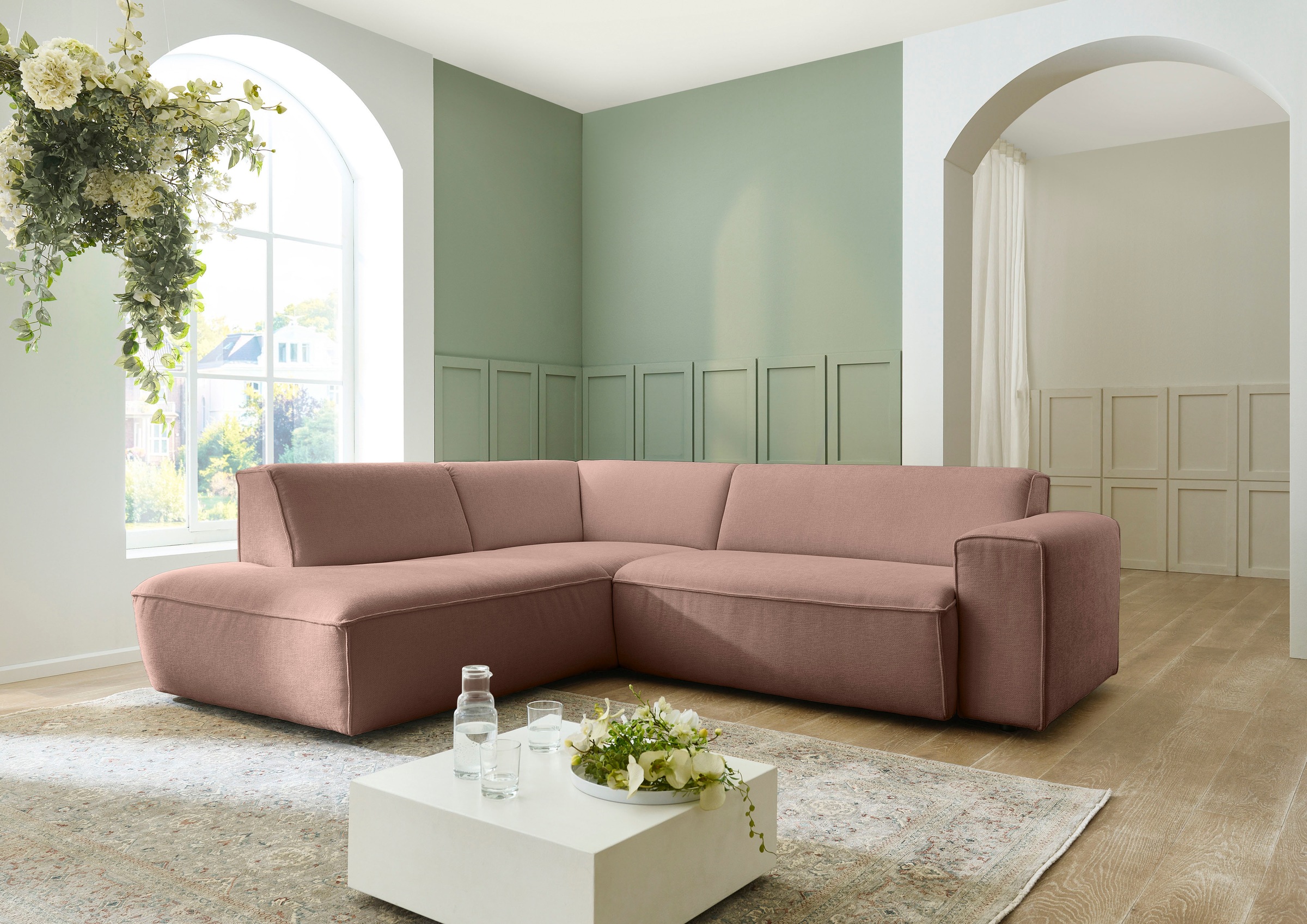 Ecksofa DIE PLANBAR "MP-IN24083", harry rose, B:254cm H:75cm T:227cm, 100% Polyester, Sofas, Ecksofa, SoftSitz-Kaltschaumpolsterung, wahlweise mit motorischer Vorziehbank