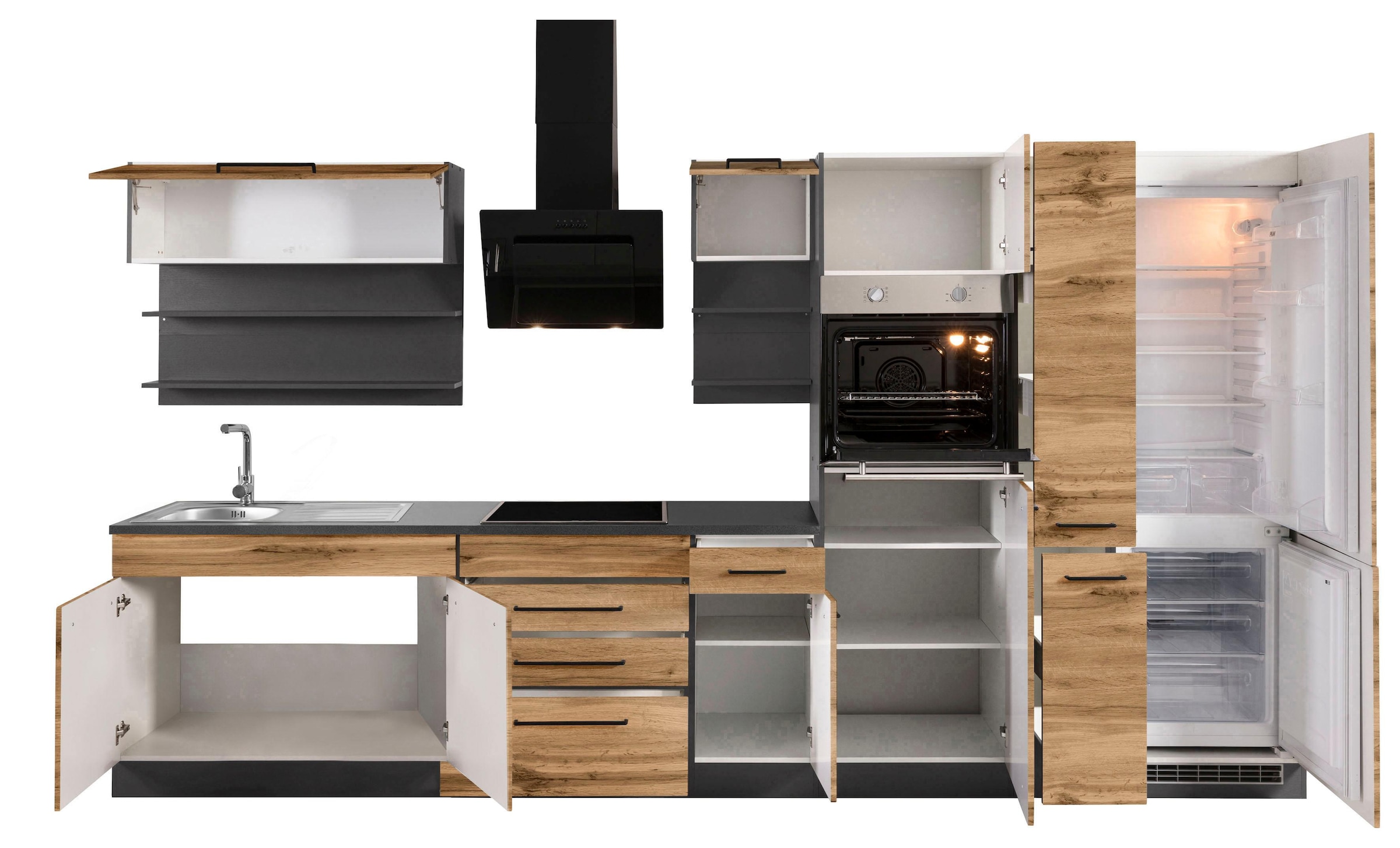 KOCHSTATION Küchenzeile »KS-Tulsa«, mit E-Geräten, Breite 360 cm, schwarze Metallgriffe, MDF Fronten