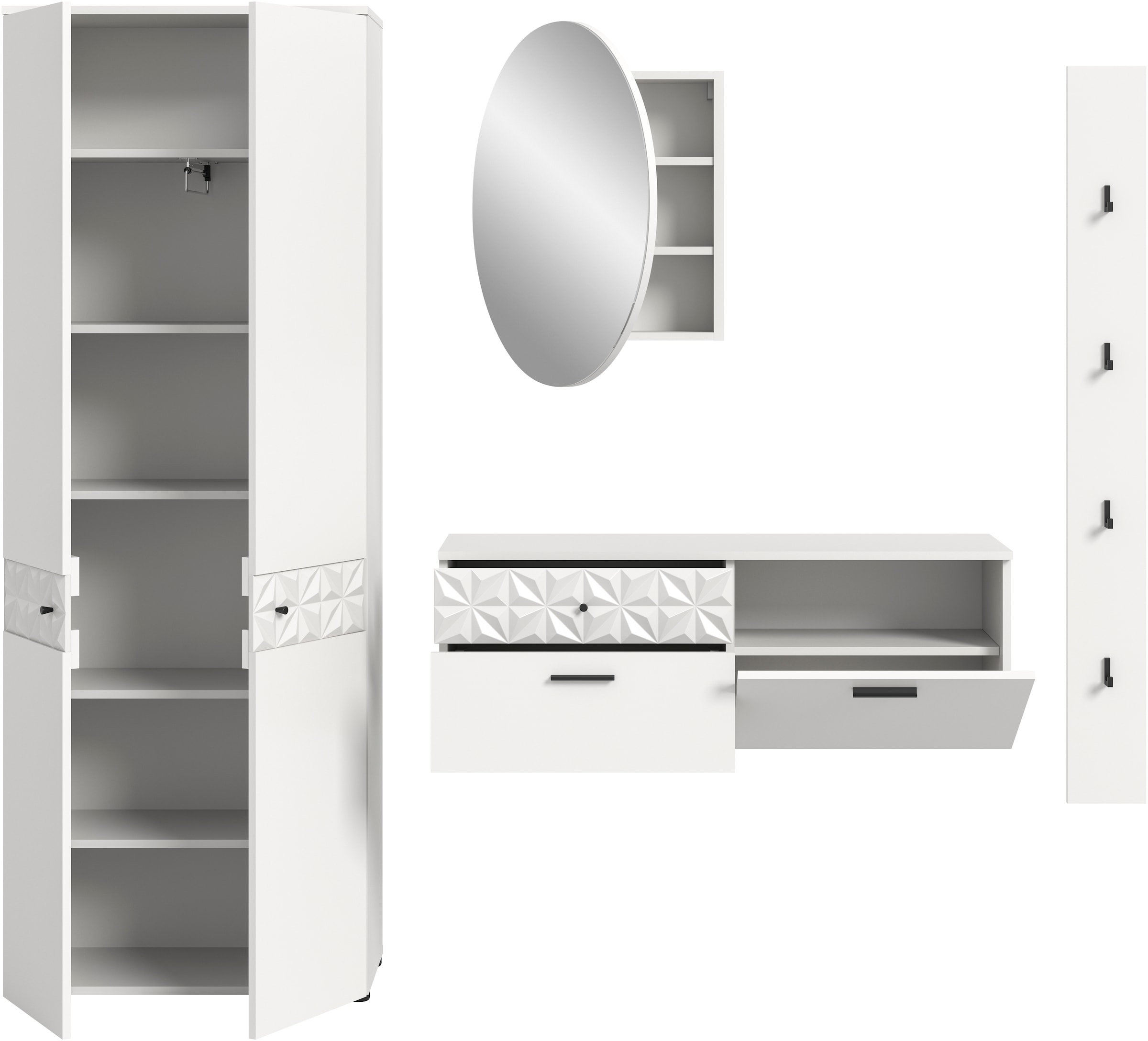 INOSIGN Garderoben-Set »VICENZA, 4-tlg., mit foraler Ornamentabsetzung in der Front«, (4 St.), best. aus.: Garderobenschrank, Schuhschrank, Spiegelschrank & Paneel