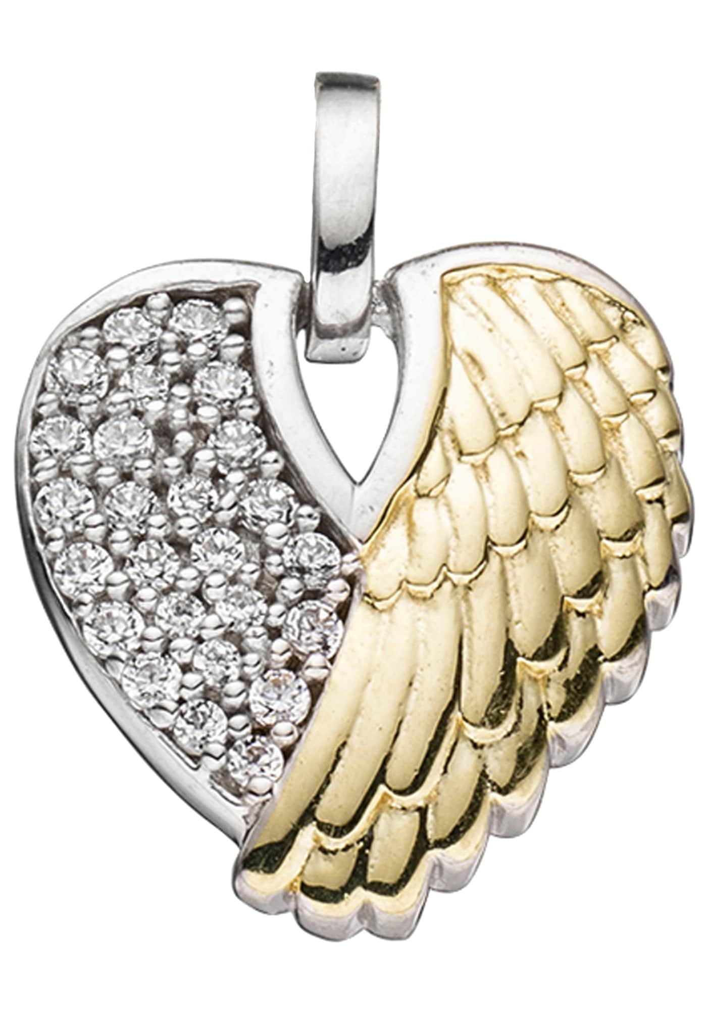 Flügelanhänger JOBO "Anhänger Herz Engelsflügel", silber (silber 925), Schmuckanhänger, Damen, Silber 925 (Sterlingsilber), 925 Silber bicolor vergoldet mit 25 Zirkonia