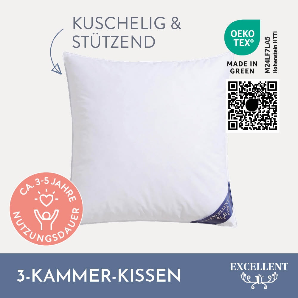 Excellent 3-Kammer-Kopfkissen »Wien«, Füllung: 60% Daunen / 40% Federn (Außenkammern) und 100% Federn (Innenkammer), Bezug: 100% Baumwolle, (1 St.), Kopfkissen in 40x80 und 80x80 erhältlich