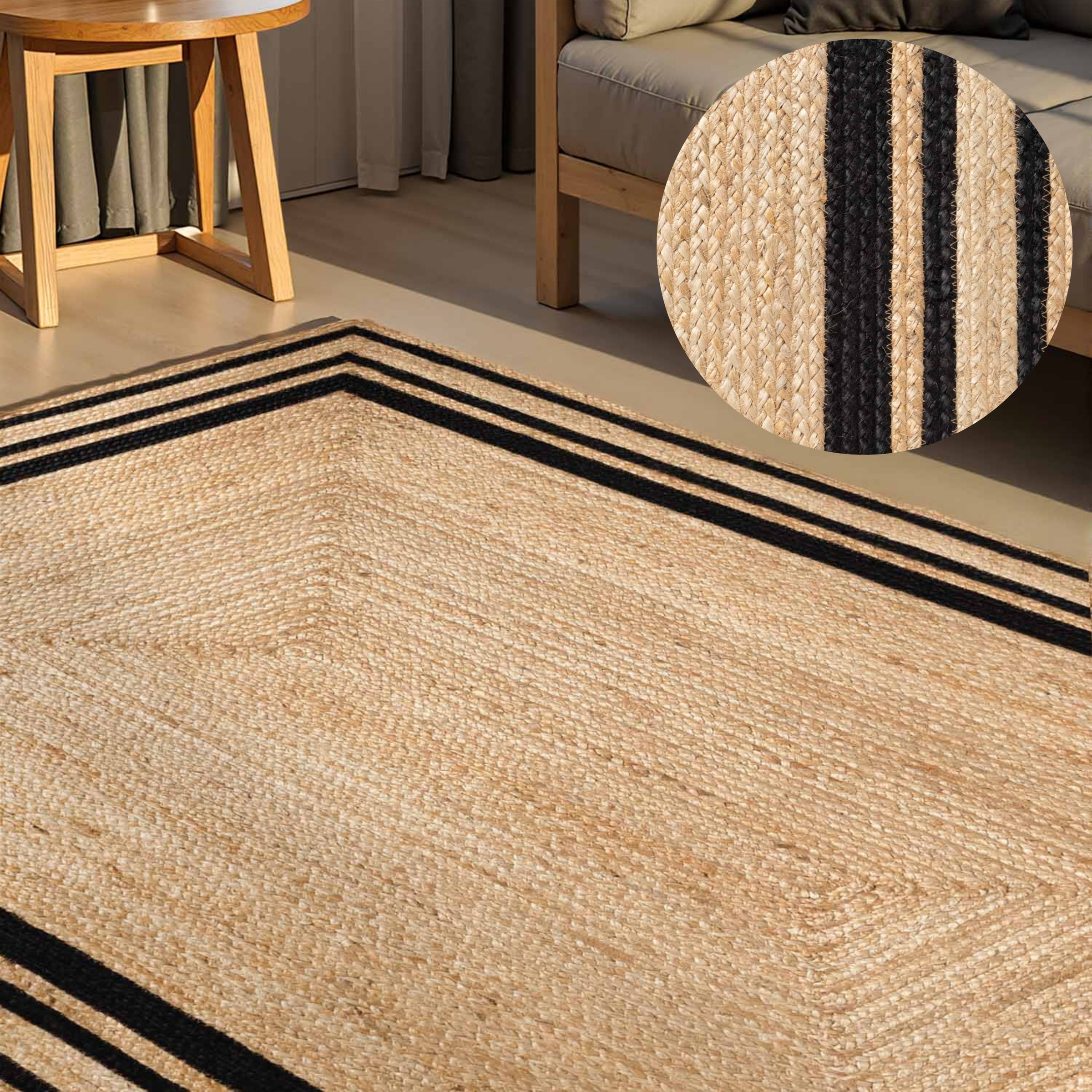 Teppich HANSE HOME "Jutta Juteteppich", natur, gold, schwarz, B:160cm H:7mm L:230cm, Jute, Teppiche, Teppich, Handgewebt, Jute Naturteppich, Boho, Wohnzimmer, Schlafzimmer