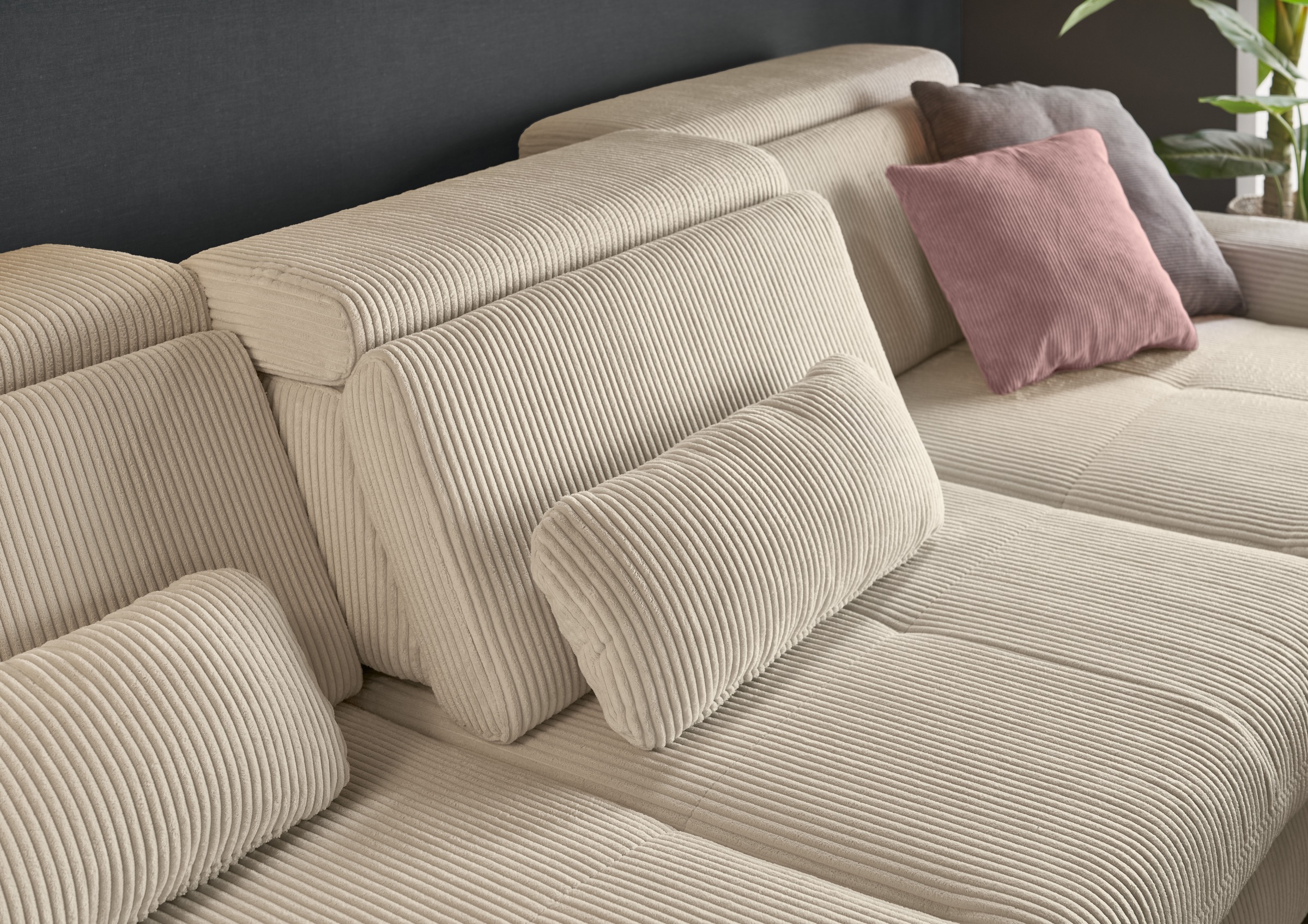set one by Musterring Ecksofa »SO 3400 Sitzhöhe 47cm oder 49cm, Sitztiefe verstellbar, B/T: 307/195cm«, whlw. mit Funktion, Kaltschaum, in Cord, natur, Sitzhöhe 47