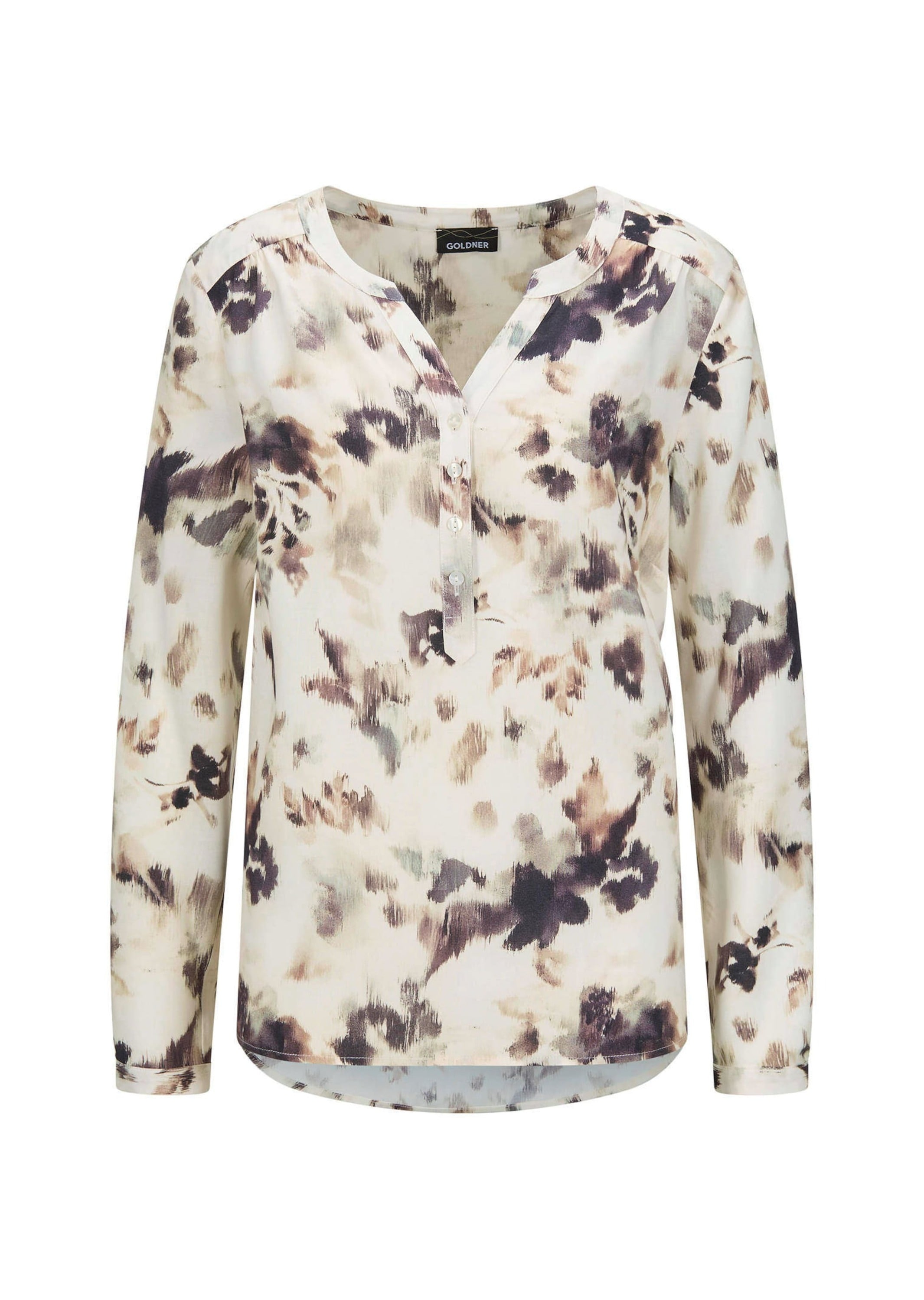 Schlupfbluse GOLDNER "Kurzgröße Florale Druckbluse mit V-Ausschnitt", Damen, Gr. 21, beige (beige, gemustert), Obermaterial: 100% Viskose CV., Modisch, normales Bündchen, Blusen Schlupfbluse, Knopfleiste