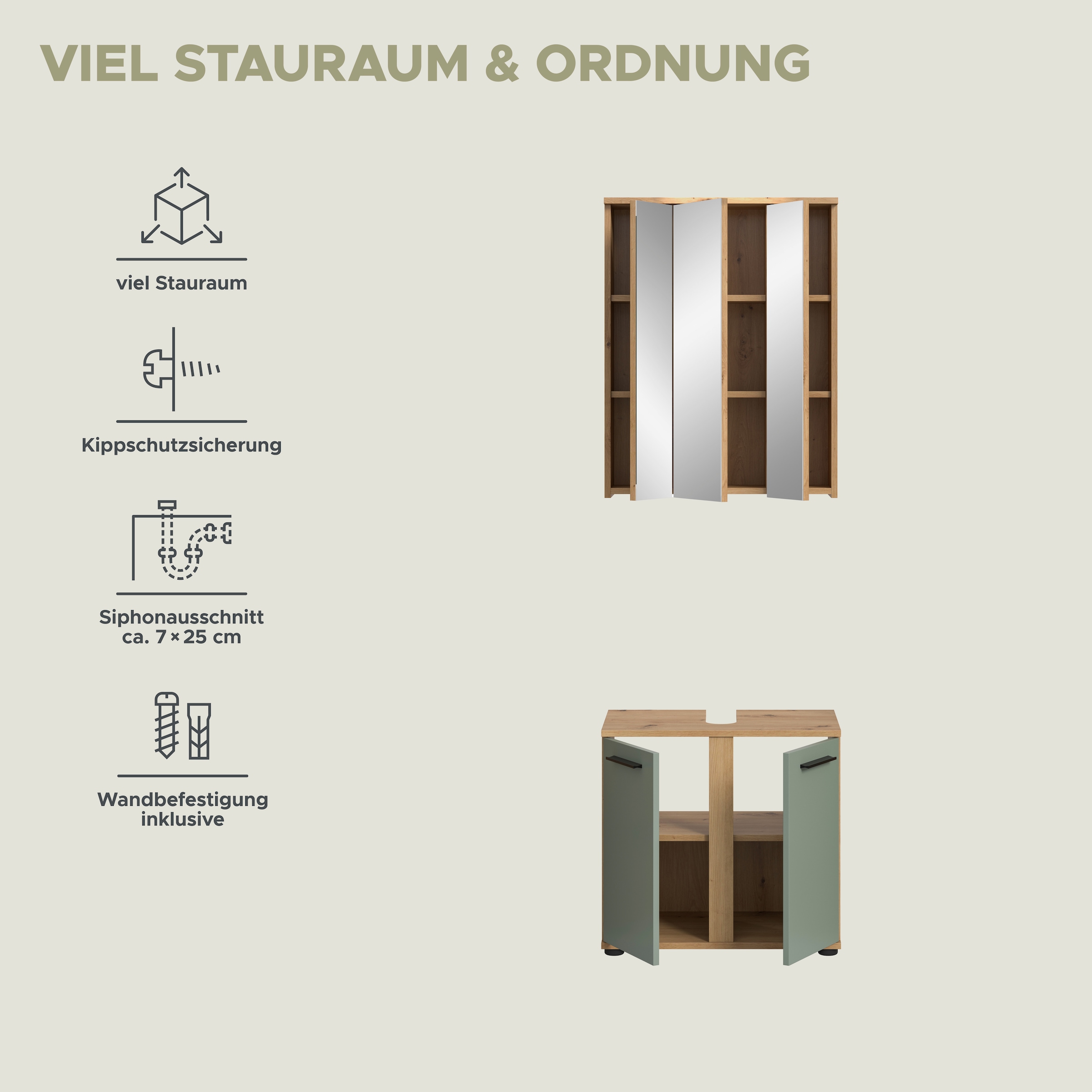 welltime Badmöbel-Set »LUCCA, 2- teilig, Waschbeckenunterschrank, Spiegelschrank« Set, bestehend aus: 1x Waschbeckenunterschrank & 1x Spiegelschrank, 2 Stk. tlg.