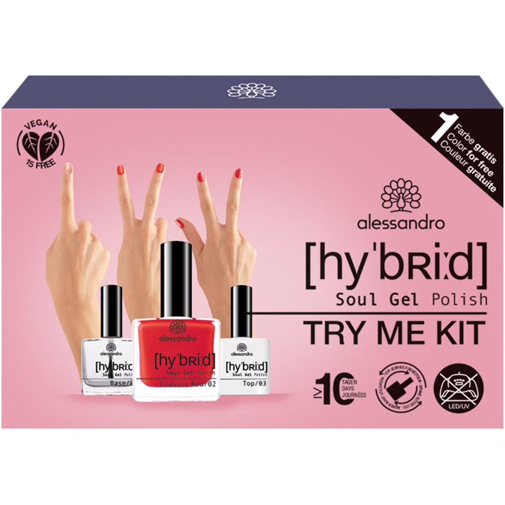 alessandro international Nagellack »ALE HYBRID TRY ME SET CLASSIC RED«, (Set, 3 tlg., 1 x Base Coat 8ml
1 x Classic Red 8ml
1 x Top Coat 8ml)