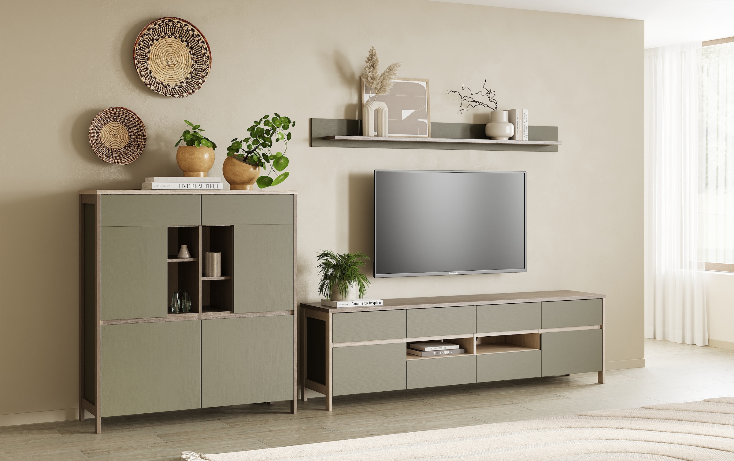Home affaire Wohnwand »Stranda, moderne Anbauwand, Komplettset im Scandi-Style«, (3 St.), enthält Lowboard, Highboard und Wandboard, 324 cm breit