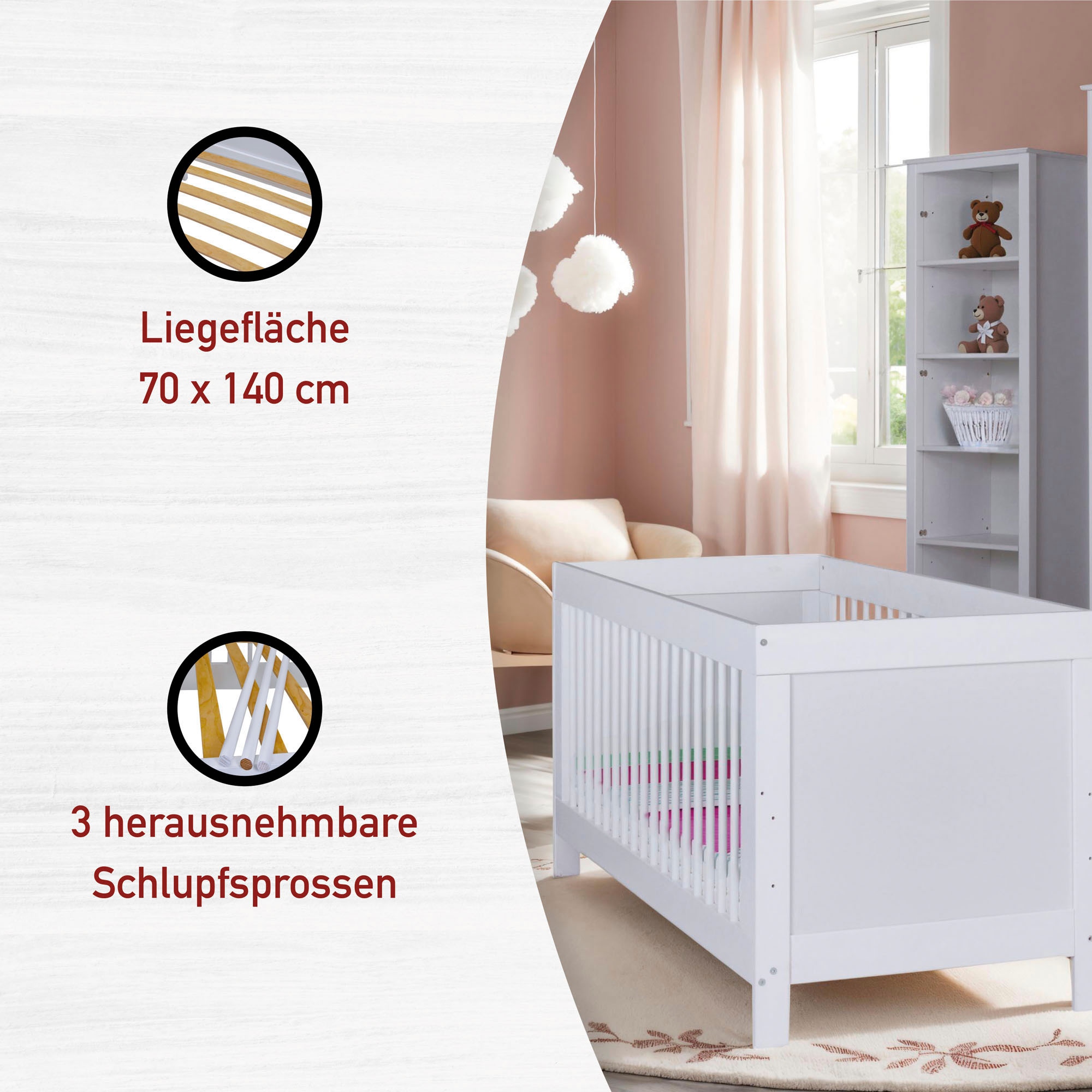 Tommy Jeans Babybett »Pinora, 70x140 cm, Teilmassiv Fichte, 3 herausnehmbare Schlupfsprossen« 1 tlg. Inkl. höhenverstellbarem Lattenrost, mit Rausfallschutz umbaubar