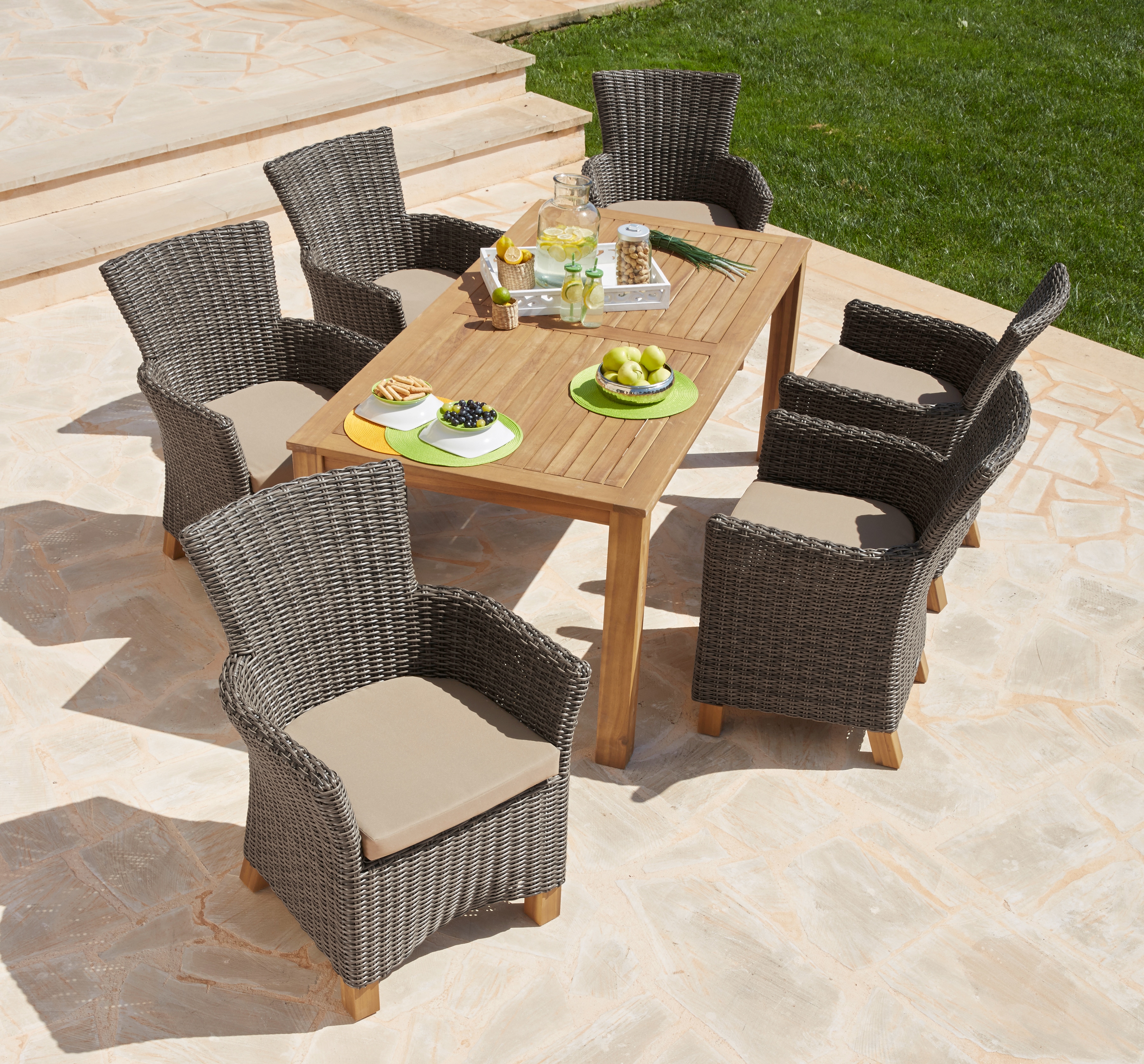 MERXX Gartenmöbelset Toskana, (13 tlg.), 6 Sessel, Tisch 185x90cm, Polyrattan/Akazie