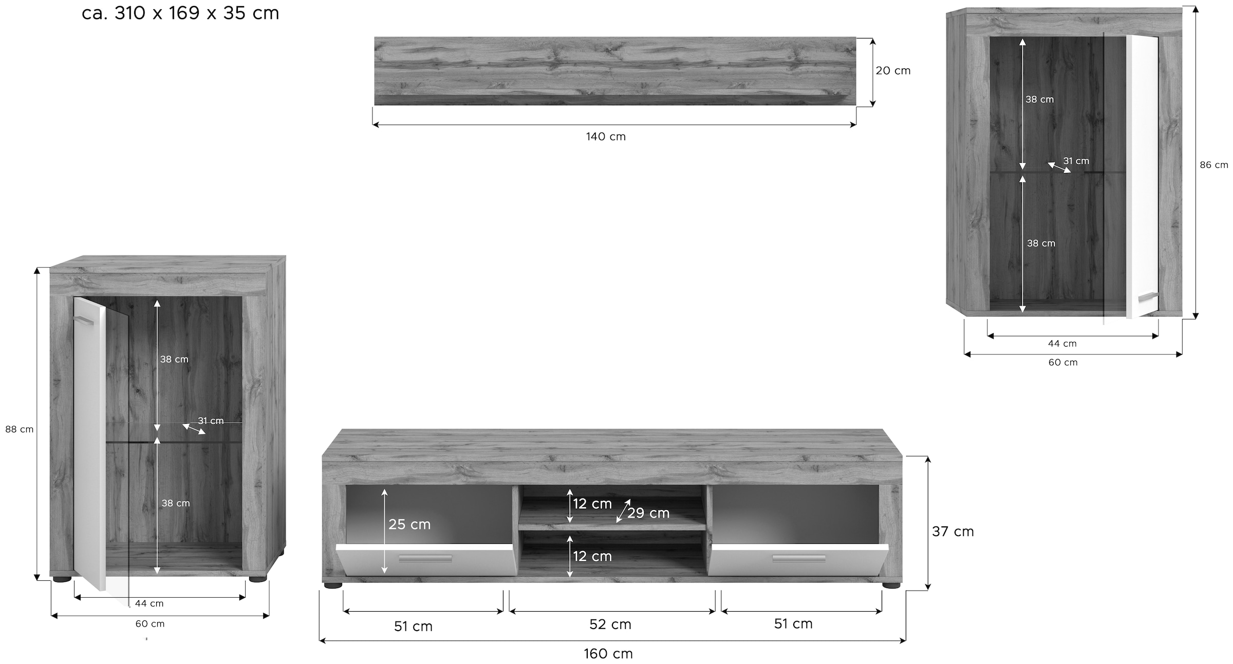 INOSIGN Wohnwand »Aosta, 4-tlg., bestehend aus: 2x Vitrine, Lowboard & Wandboard«, (4 St.), Wohnwand, Kombination, Anbauwand, Möbel Set, Schrankwand, Möbel Kombi